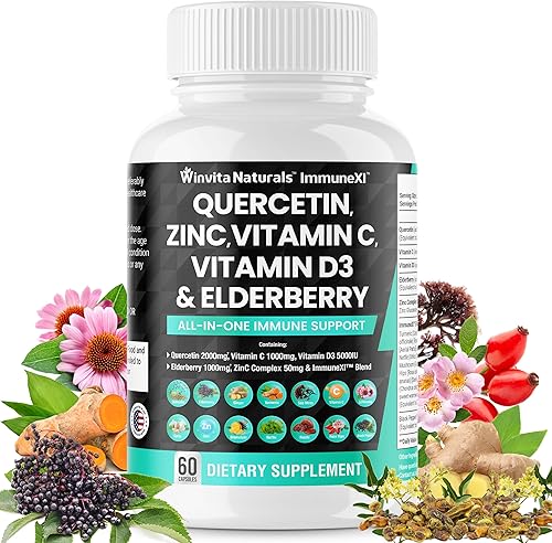 Winvita Naturals Quercetina 2000 mg Zinc 50 mg Vitamina C 1000 mg Vitamina D3 5000IU - Suplemento de apoyo del sistema inmunológico con equinácea