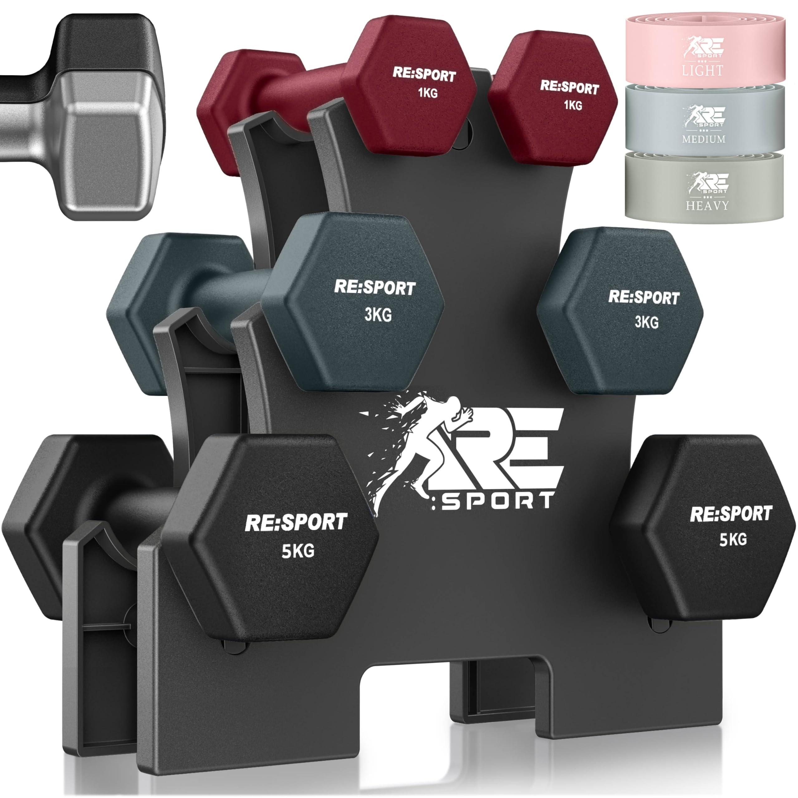 RE:SPORT Juego de mancuernas de 3 pares, 1 kg – 5 kg, 12 kg o 18 kg, con soporte y 3 bandas de fitness, mancuernas antideslizantes de neopreno para hombre y mujer