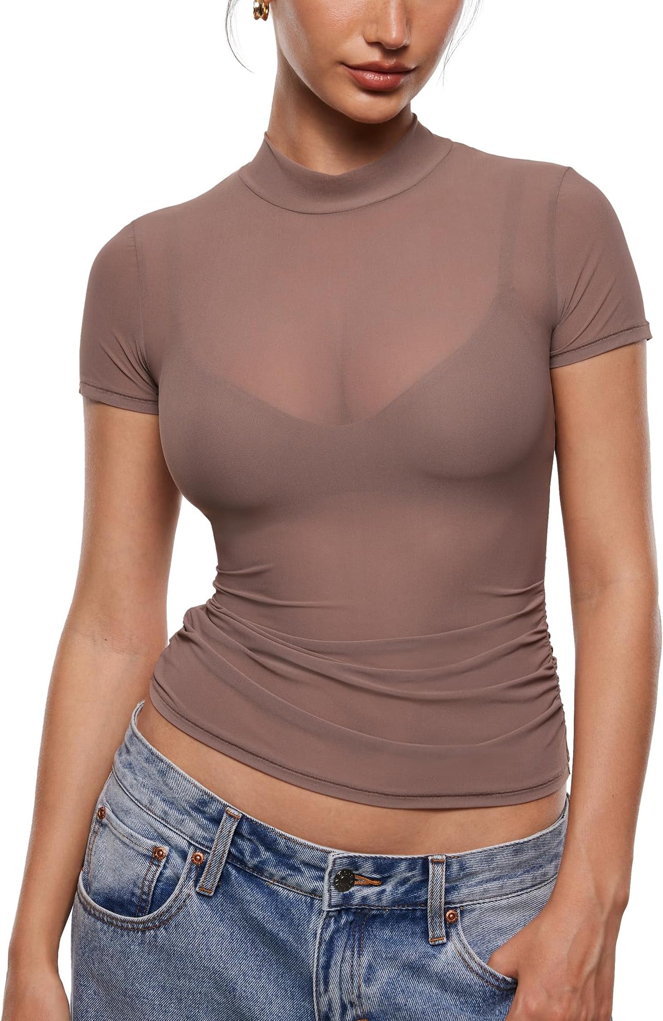 INLYRIC Women's Cosnufy Mesh Sheer Short Sleeve Shirts See Through Mock Neck Ruched Summer Going Out Tops Sexy Tees