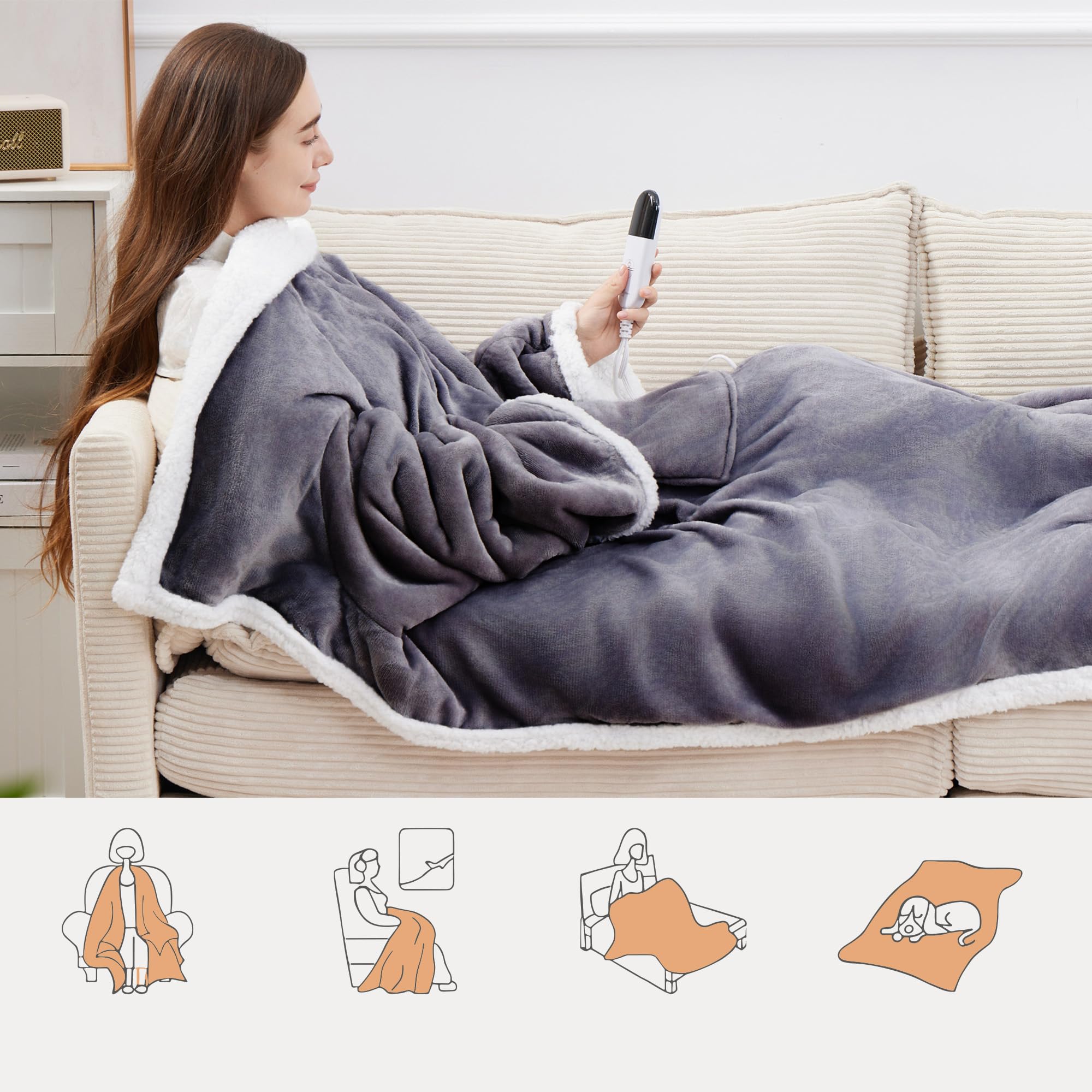 YILOTE Electric Blanket Wearable Throw - Robe with Sleeves and Foot Pockets - 7-Level Heating Auto-Off Blanket for Adults