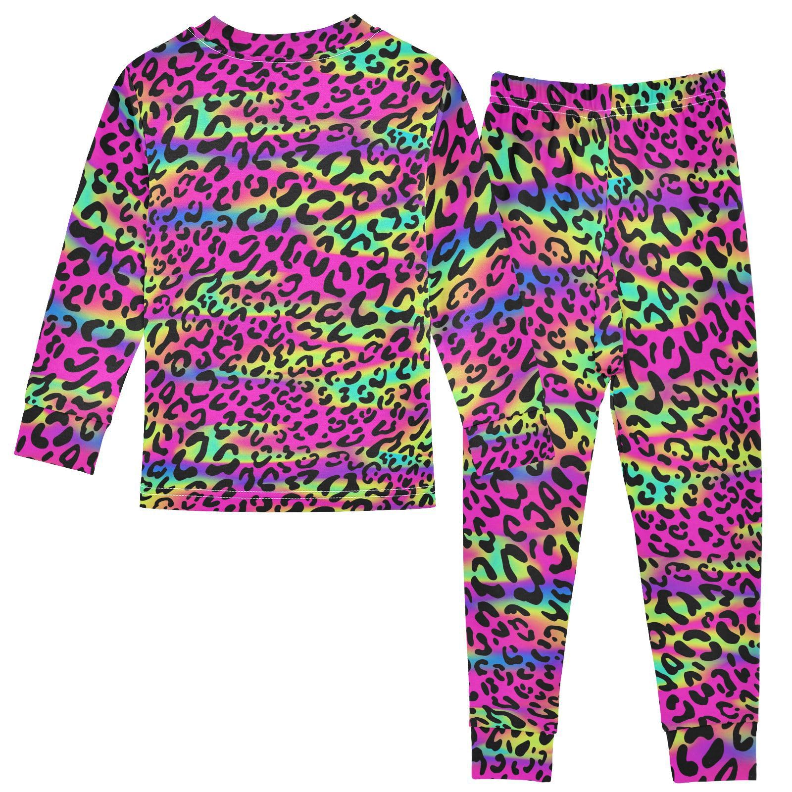 ALAZA Rainbow Leopard Print Cheetah Neon 2 Piece Pajama Set Long Sleeve Top and Pants Sleepwear Unisex 5T