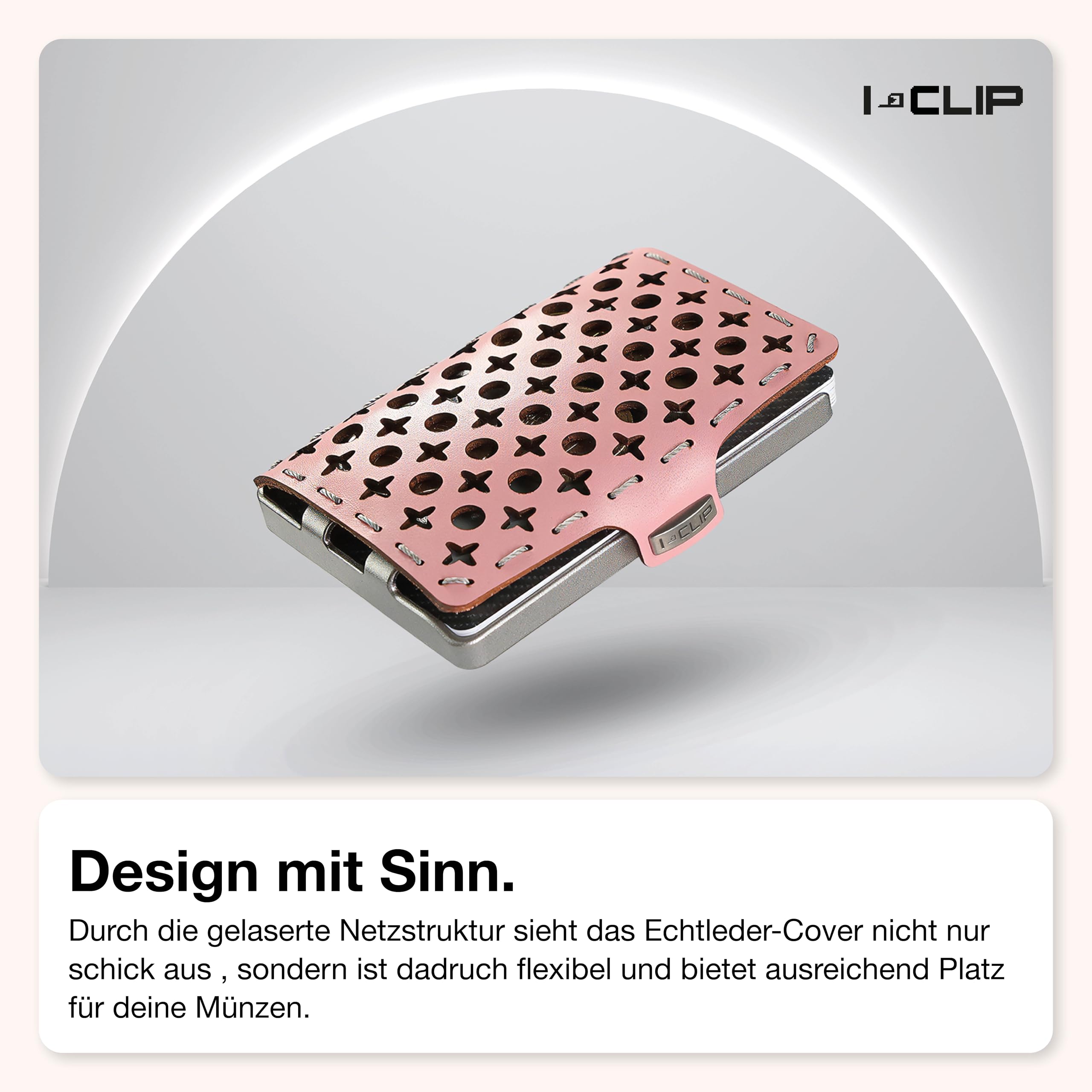 I-CLIP Original Geldbörse mit Münzfach - Damen - Leder Portemonnaie - mit Geldklammer - hochwertiger Geldbeutel - Slim Wallet - Silberner Rahmen - Rosa Leder - Bernardette