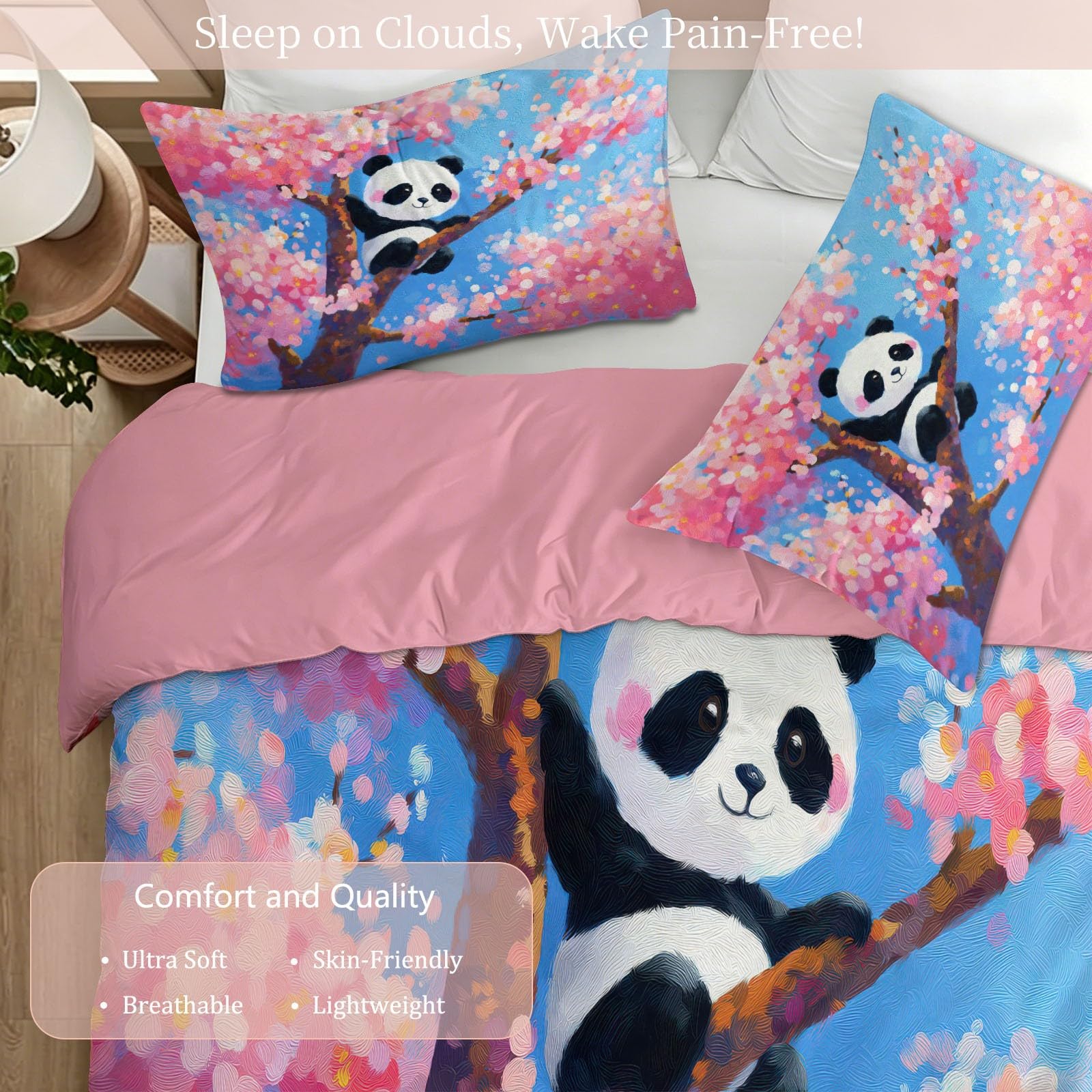 Juego de funda nórdica con diseño de animales y flores, cómodo juego de cama para niños, adolescentes y niñas, funda de edredón transpirable con diseño de panda, flor de cerezo, 200 x 200 cm, funda