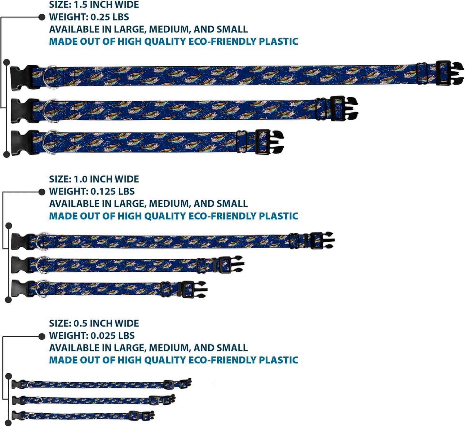 Dog Collar Plastic Clip Bass Fish Water Bubbles 13 to 18 Inches 1.5 Inch Wide