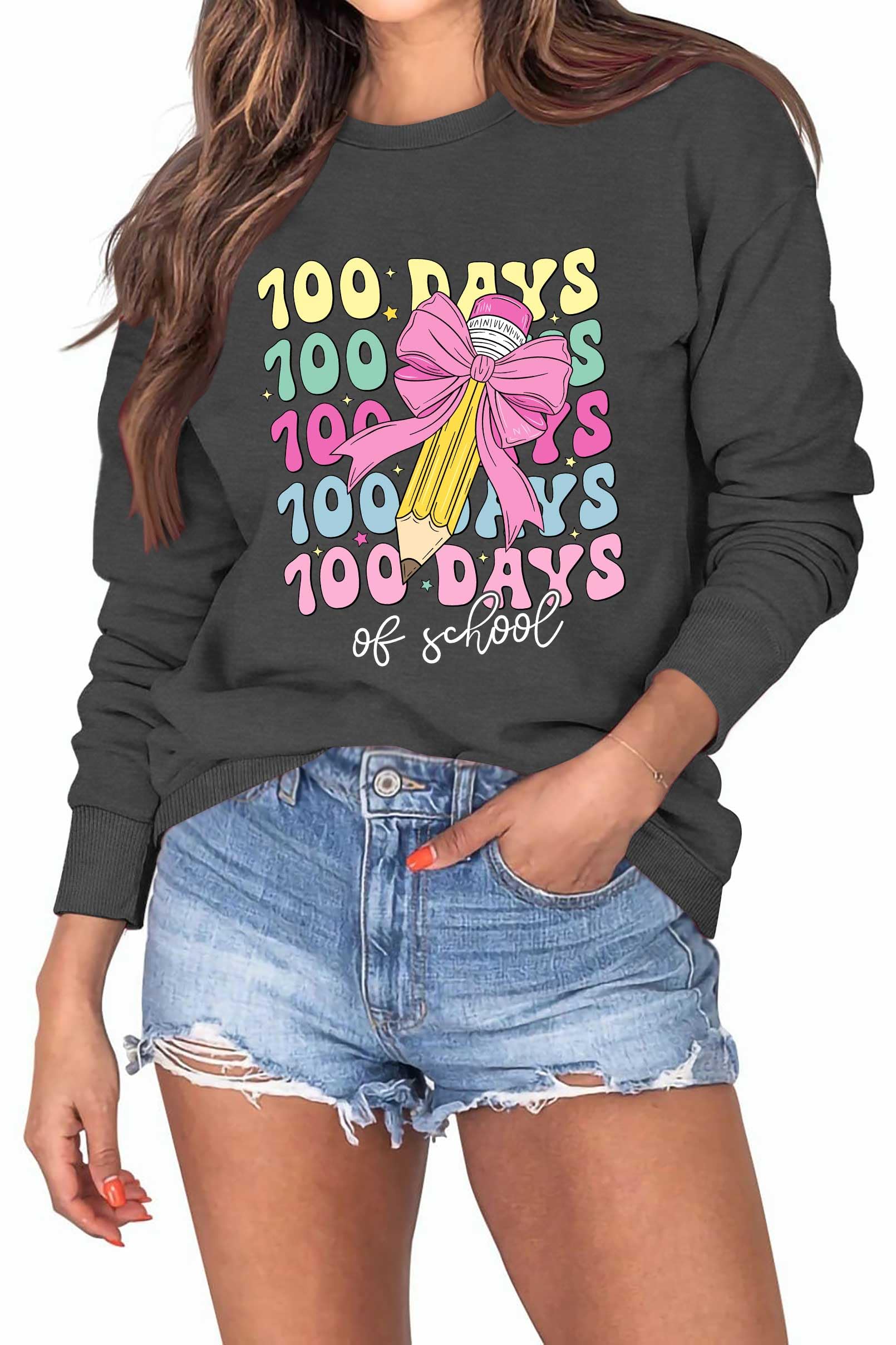 cazychild 100 Days of School Sweatshirt for Women Happy 100th Days Shirt Teacher Pencil Graphic Long Sleeve Tee Tops-picture-10
