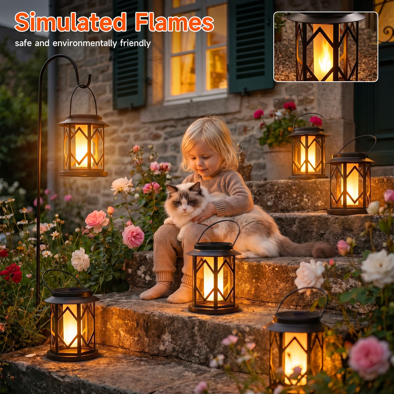 Ketom 2 Pièce Lanterne Solaire Exterieur Jardin, avec Poignée et Crochets | Lampe Solaire avec Bougie Vacillante LED, Lanternes Solaires Exterieures IP65 Étanche, pour Camping Pelouse Balcon Cour