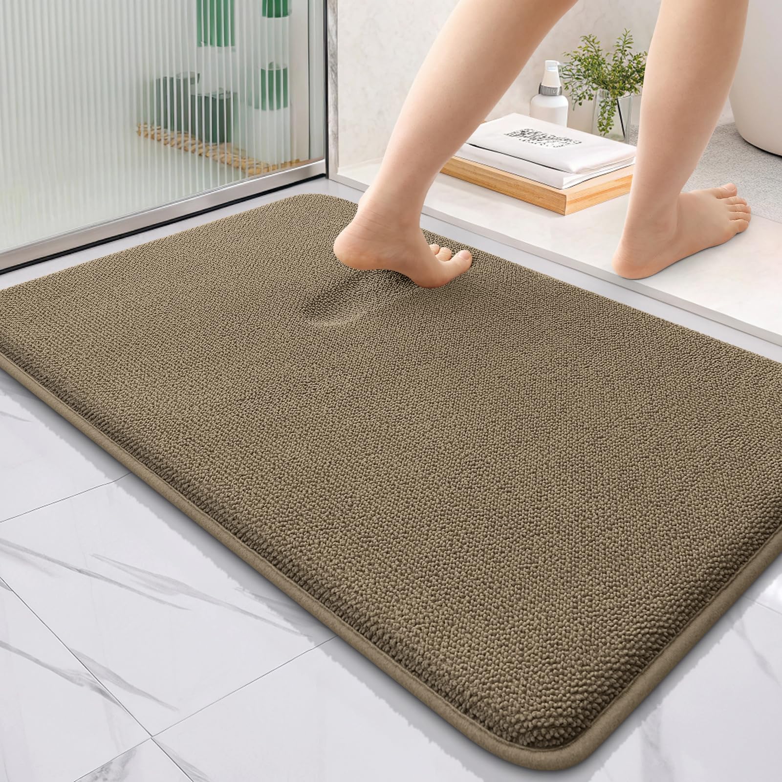 OLANLY Thick Memory Foam Bathroom Rugs 36x24, Soft Absorbent Bath Mat, Tan