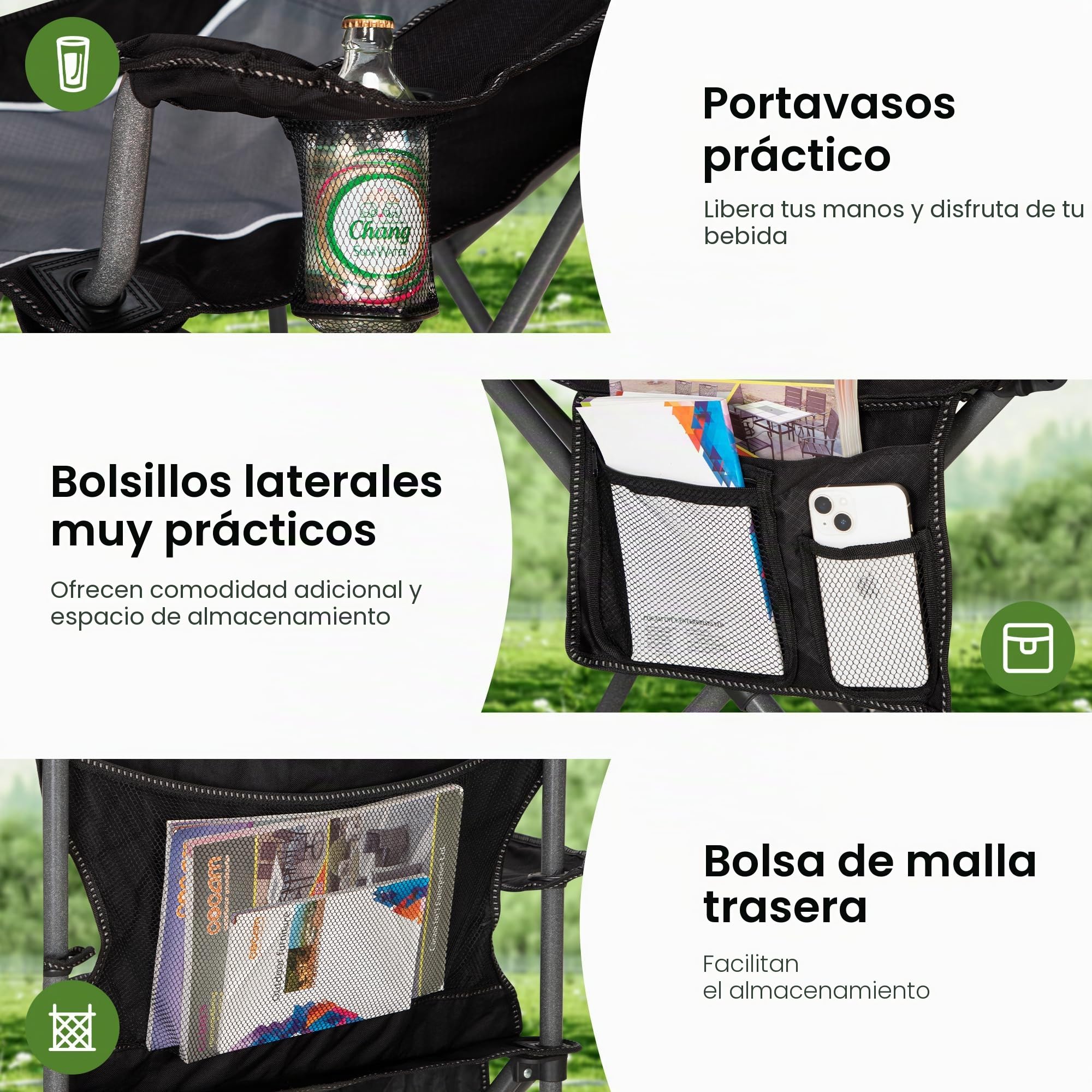HIGH POINT SPORTS Silla de Camping Negro, Silla Camping Plegable Silla Plegable Portátil de Gran Tamaño, Silla Plegable Azul-Gris Resistente al Aire Libre 160KG Silla de Pesca (Negro 2 Piezas)