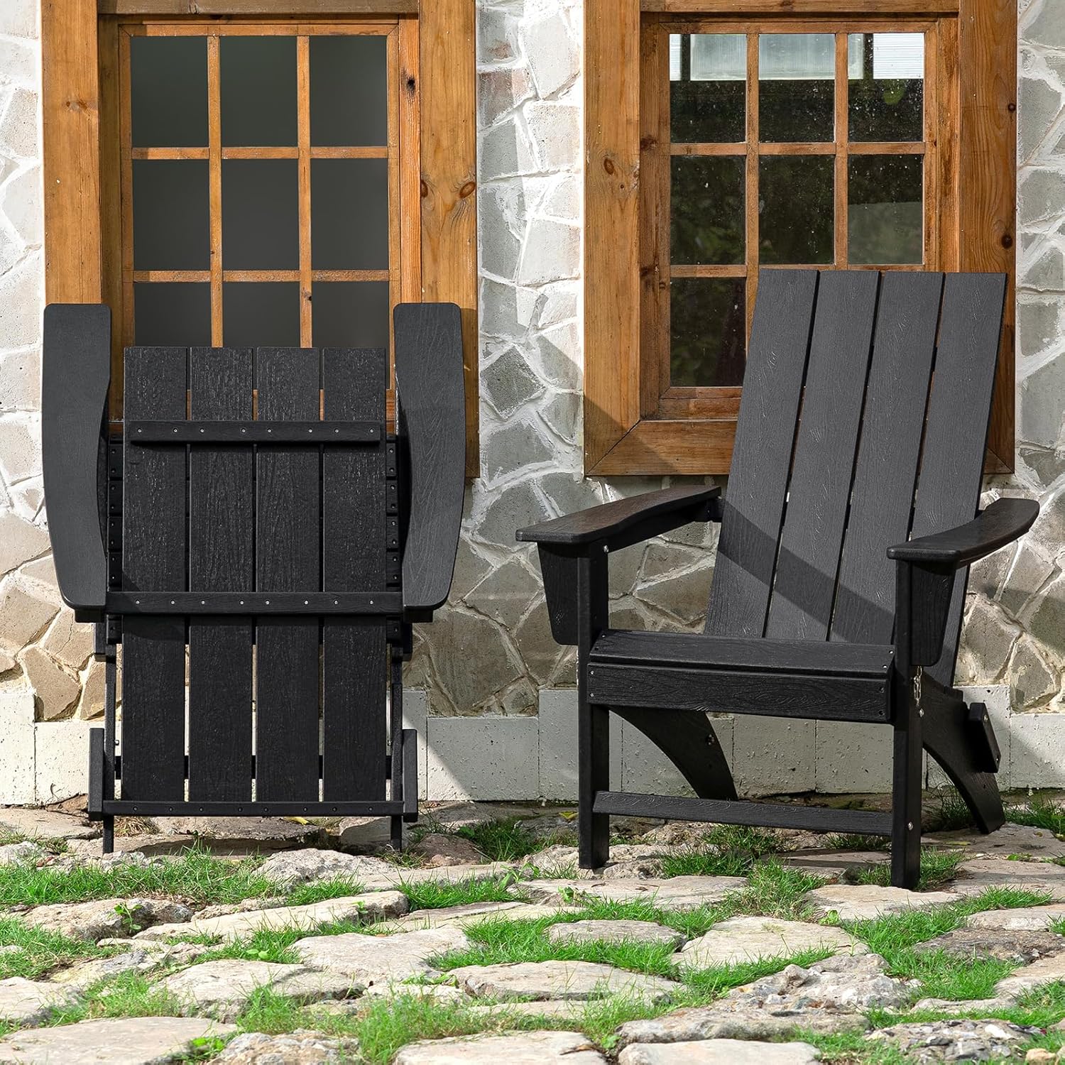 Folding Adirondack Chair Weather Resistant Foldable Fire Pit Chairs HDPE Outdoor Adirondack Chair for Patio Front Porch Pool Garden Deck Fire Pit Outside, Black