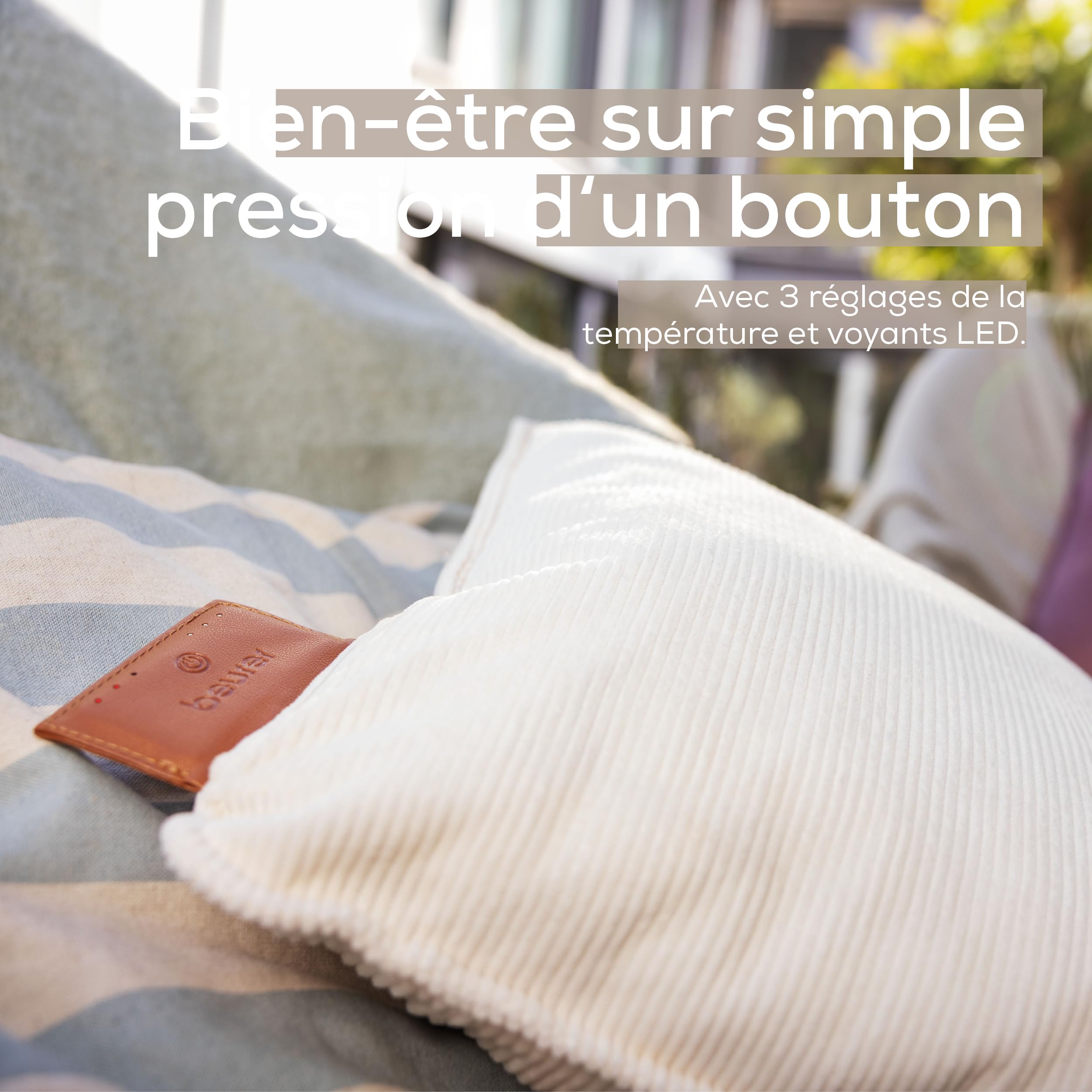 Beurer Heaty Coussin chauffant, coussin chauffant sans fil avec batterie, avec arrêt automatique et 3 réglages de la température, chauffe rapidement, velours côtelé doux, blanc