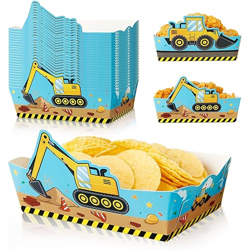 WERNNSAI 24 PCS Construction Snack Trays - Construction Birthday Party Supplies 2 Designs Excavator Paper Food Trays Truck Popcorn Nacho Hot Dog Boats for Kids Boys Excavator Birthday Decorations