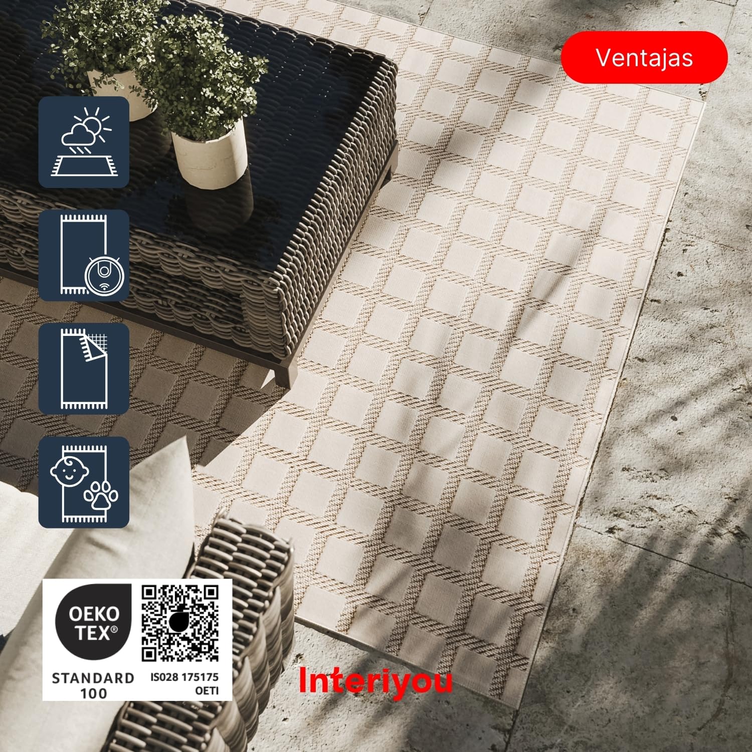 Interiyou Alfombra Exterior Kano - 120x170 cm Crema/Beige - Patrón geométrico - Resistente a los Rayos UV para Exteriores: balcón, terraza, jardín o Cocina - Tejido Plano