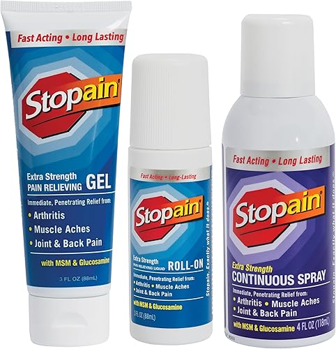 Stopain Set combinado de alivio del dolor (gel, roll-on y aerosol) fabricado en Estados Unidos, máxima fuerza de acción rápida con MSM, glucosamina,