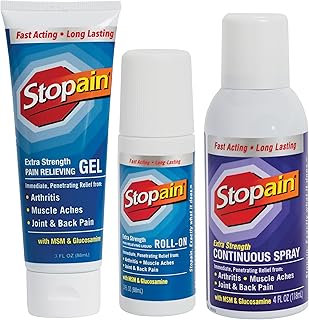 Stopain Pain Relief Combo Set (Gel, Roll On, Spray) USA Made, Max Strength Fast Acting with MSM, Glucosamine, Menthol for Lower Back, Knee, Neck HSA FSA Topical Analgesic Products