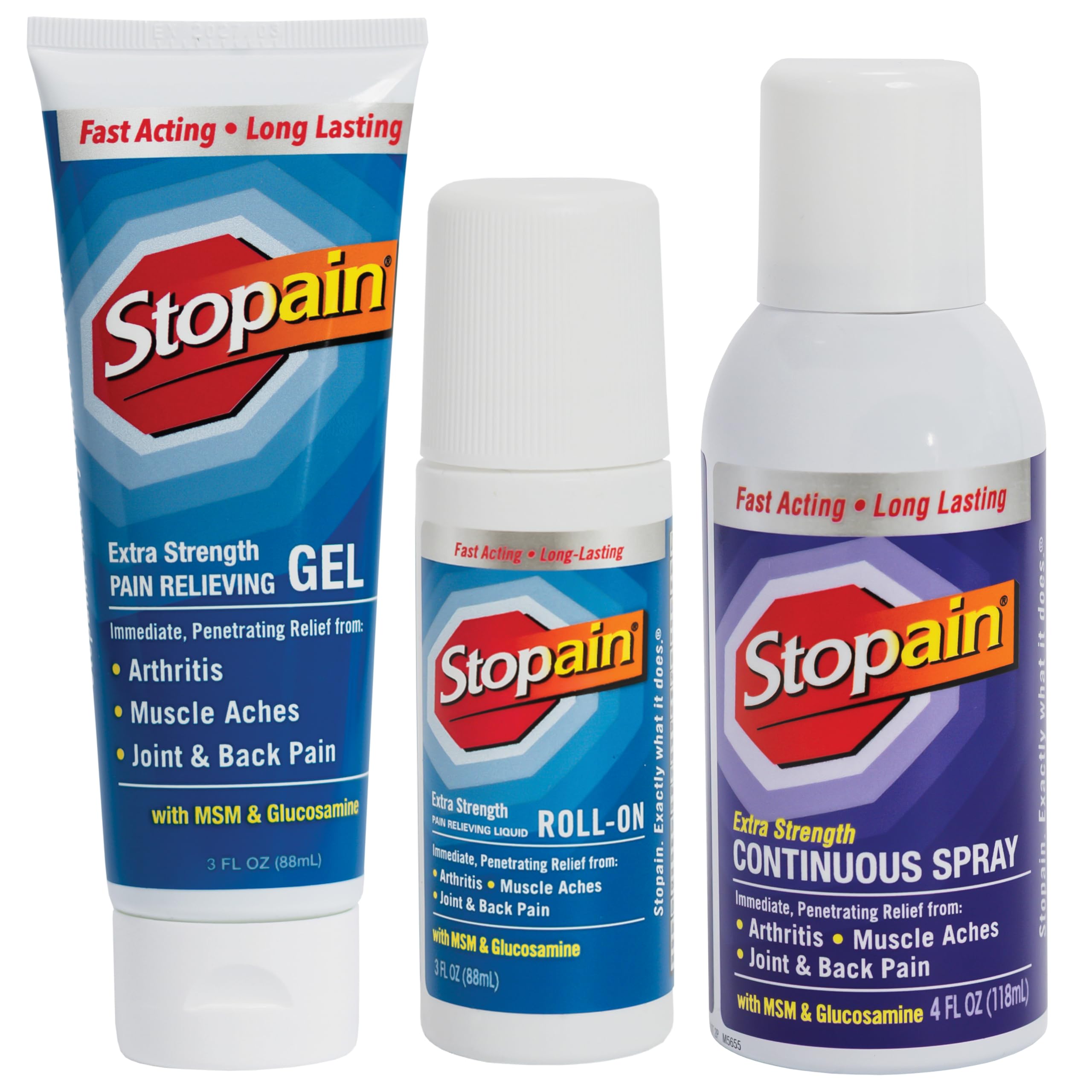 Stopain Pain Relief Combo Set (Gel, Roll On, Spray) USA Made, Max Strength Fast Acting with MSM, Glucosamine, Menthol for Lower Back, Knee, Neck HSA FSA Topical Analgesic Products