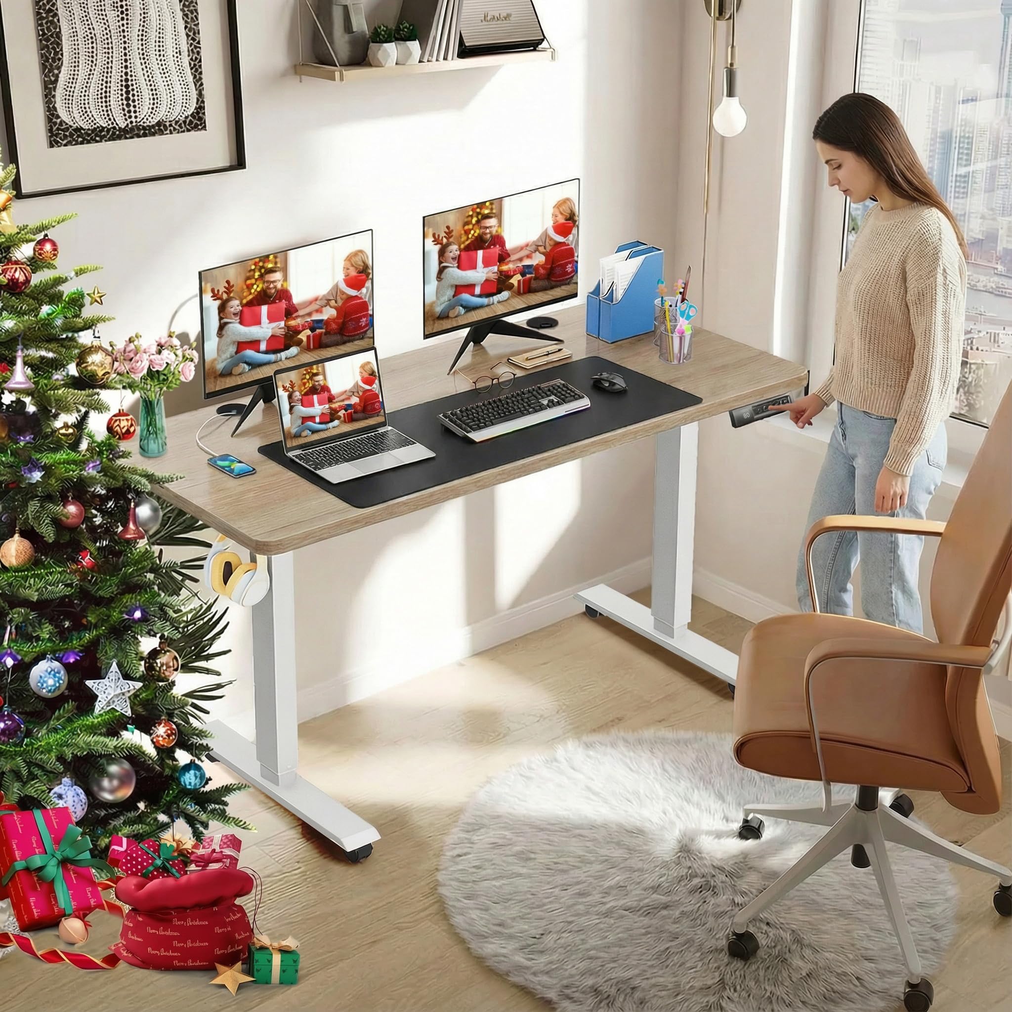 farexon Electric Standing Desk Adjustable Height 55 x 24 Inch Stand up Desk with Large Mouse Pad Rolling — view 2