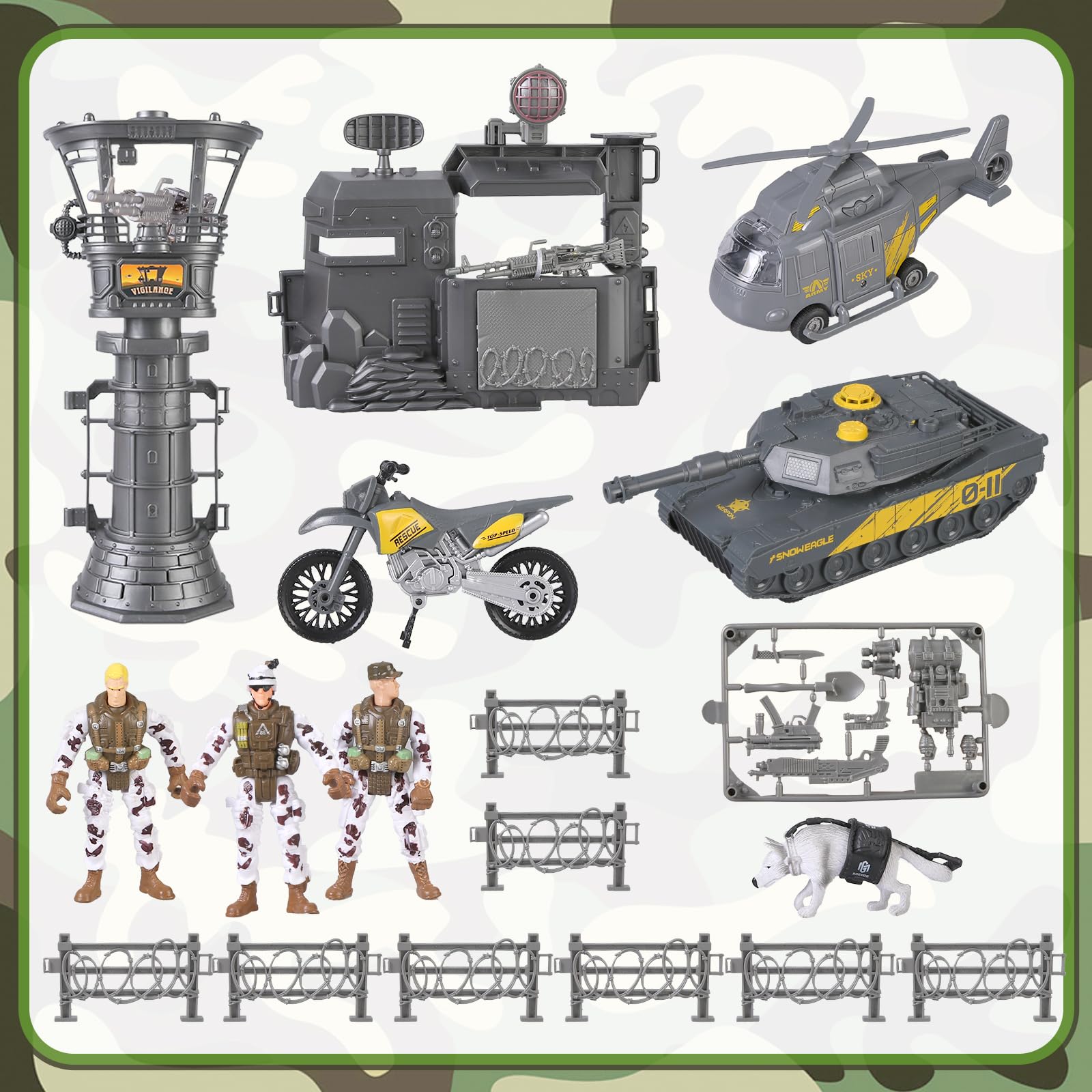 Militare Base Toys Set, Veicoli Militari Elicottero Tank Toys, Esercito Uomini Soldati Action Figure e Arma Gear Accessori Militari Combattimento Moto Giocattoli Regalo per Bambini Ragazzi Età 3+