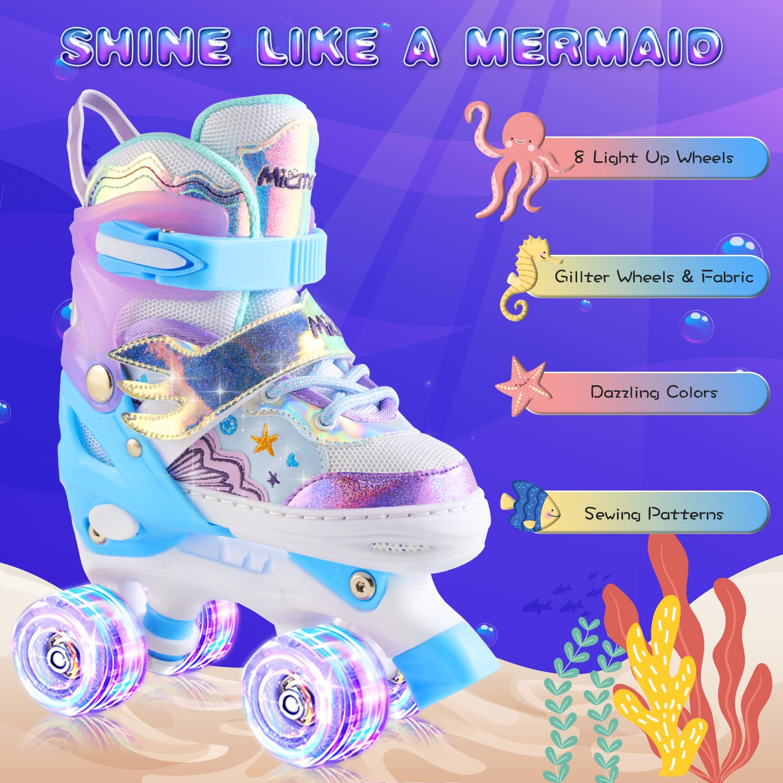 Mermaid Kids Roller Skates Adjustable Roller Skates with Light Up Wheels for Kids, Beginner, Girls, Boys Outdoor Roller Skating for Toddlers, Skating Shoes for Ages 3-12