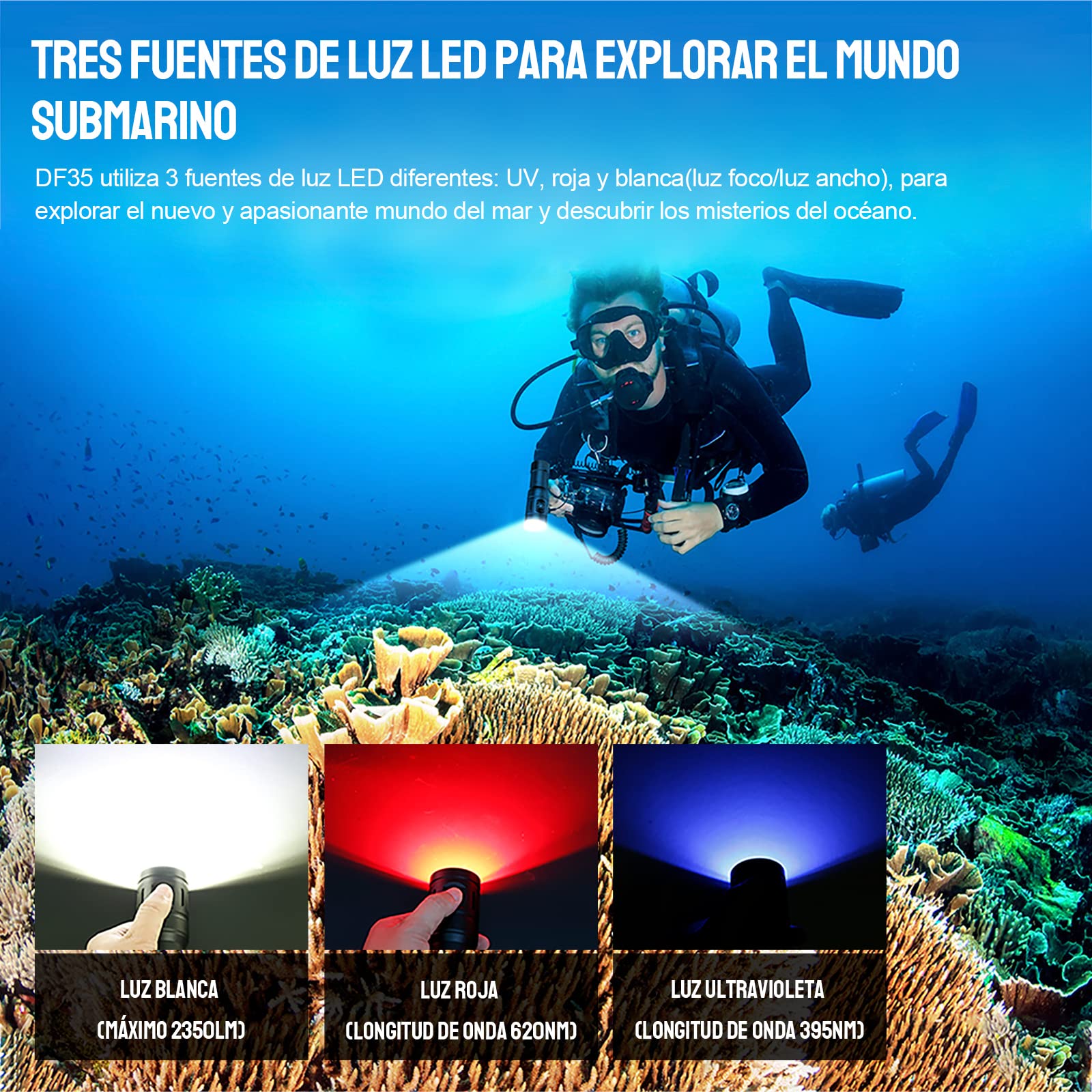 TrustFire Linterna Buceo, DF35 Foco Buceo Recargable 2350 Lúmenes, Linterna Sumergible Profesional 70M Impermeable, 3 Diferentes de Iluminación（Luz de Blanca, UV, Roja) para cámara, fotografía