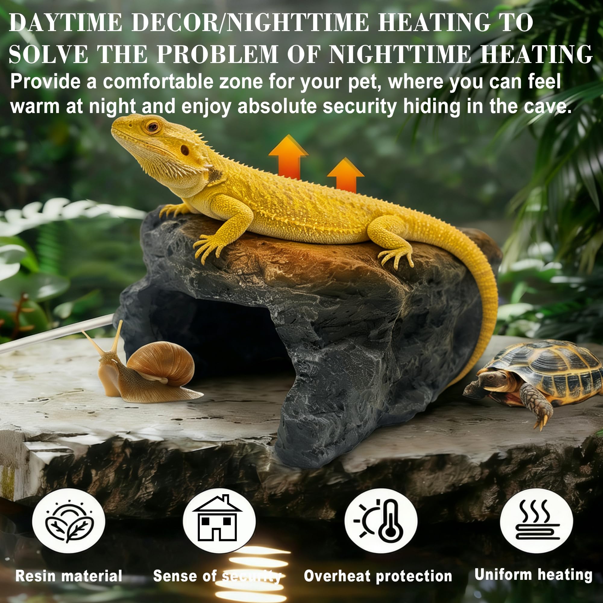 Cueva de reptiles con calefacción – Escondite de roca con temperatura ajustable, roca de calefacción con termostato para dragones barbudos, pitones de bola, gecos de leopardo y animales pequeños