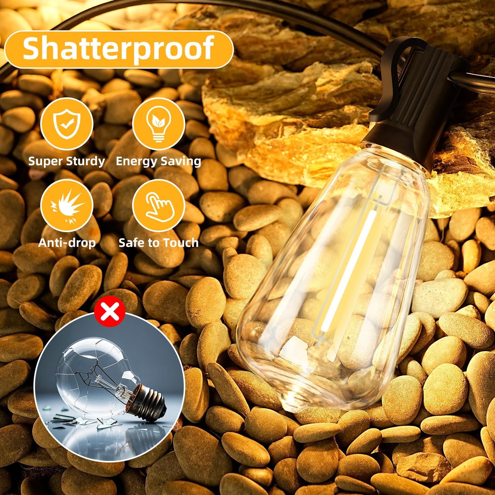 Cadena de luces LED para exteriores de 50 pies con 25 + 2 bombillas de repuesto, casquillo E12, blanco cálido de 2700 K, para patio, boda, camping, porche, cubierta, cenador