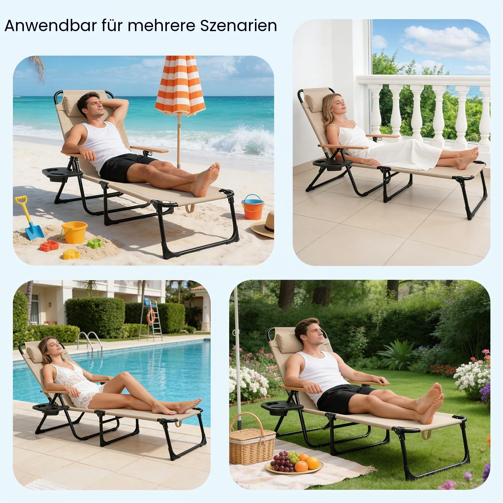 Strandliege Klappbar Leicht, Gartenliege Wetterfest ,Sonnenliege mit Rstellbarer Rückenlehne, Nackenkissen und Getränkehalter, Liegestuhl Für Balkon, Garten, Pool und Strand (Beige mit Baldachin)
