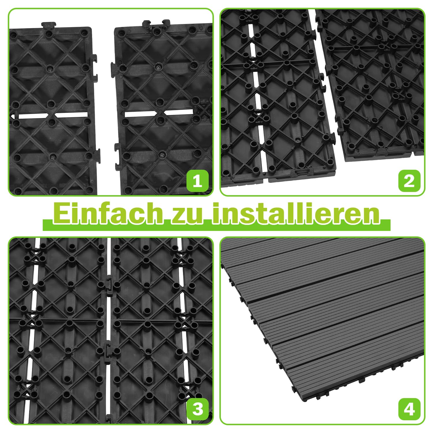 Fiqops 60 sztuk płytek tarasowych WPC, 30x60 cm płytki podłogowe na balkon, płytki ogrodowe z systemem klik, płytki tarasowe na balkon, płytki tarasowe wodoodporne, na 10 m², kolor antracytowy