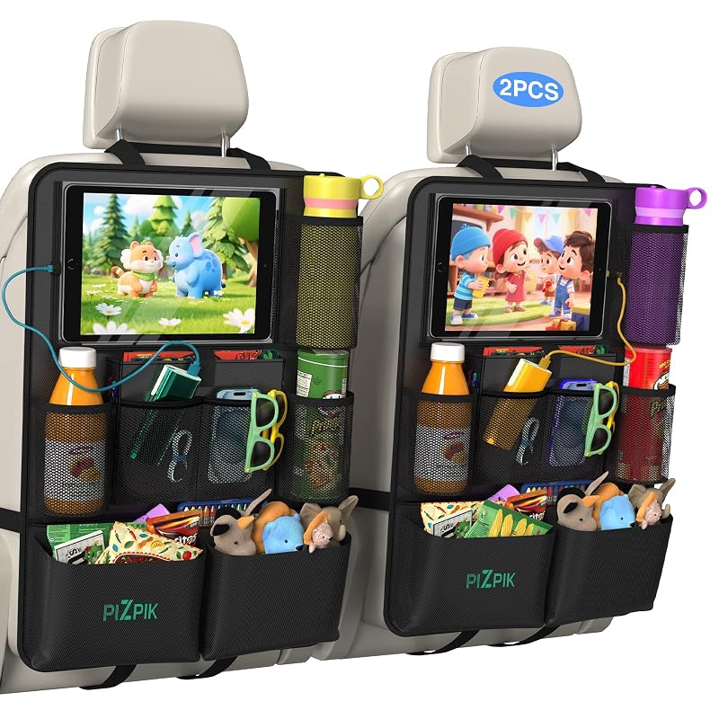 Organizador para Encosto de Banco com Suporte para Tablet, Bandeja Dobrável e 11 Bolsos Plzpik Preto, Kit com 2