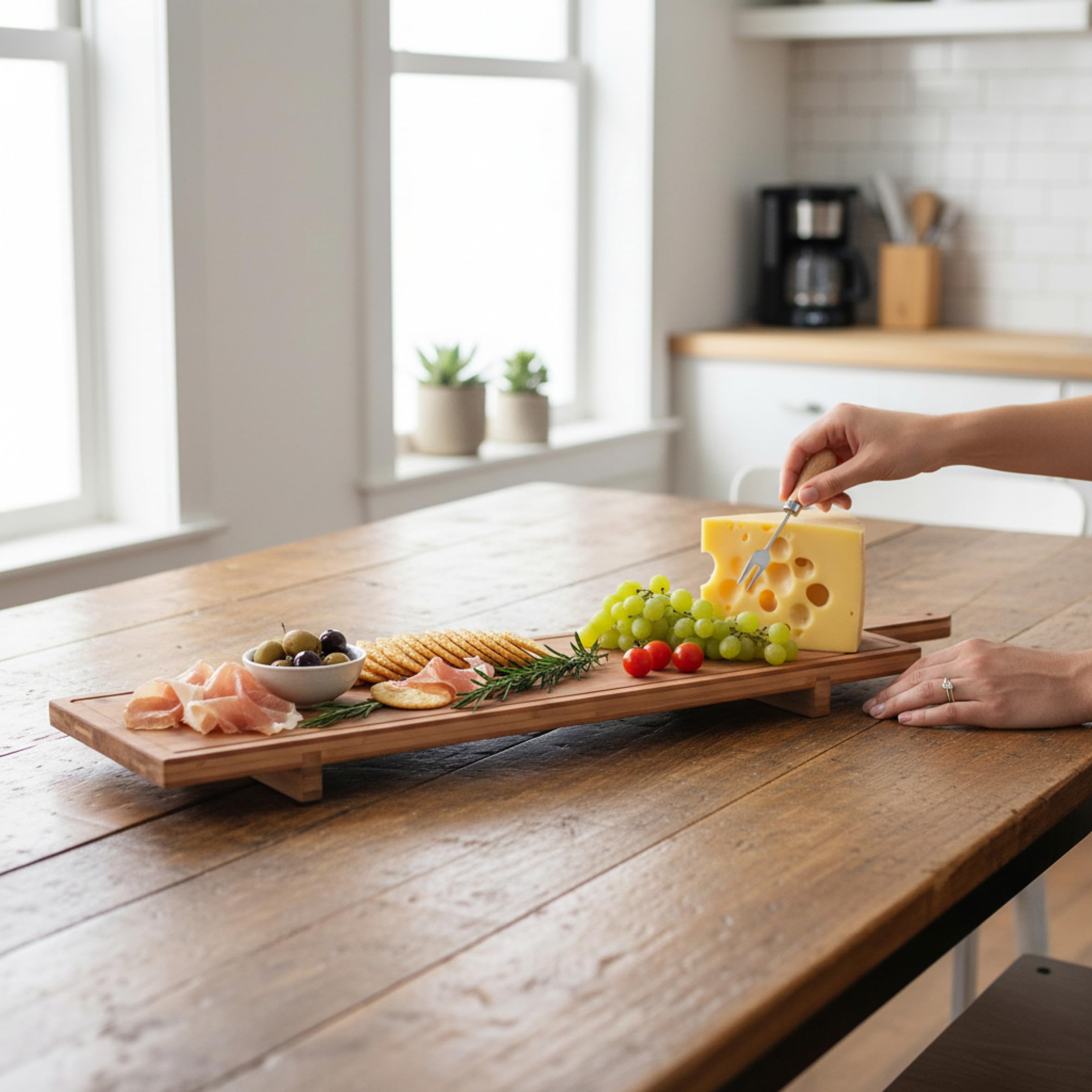 Tabla para queso XXL con mango – 88 x 26 cm – Tabla de madera para queso con soporte, bandeja para servir tapas naturales con asa, apta para alimentos