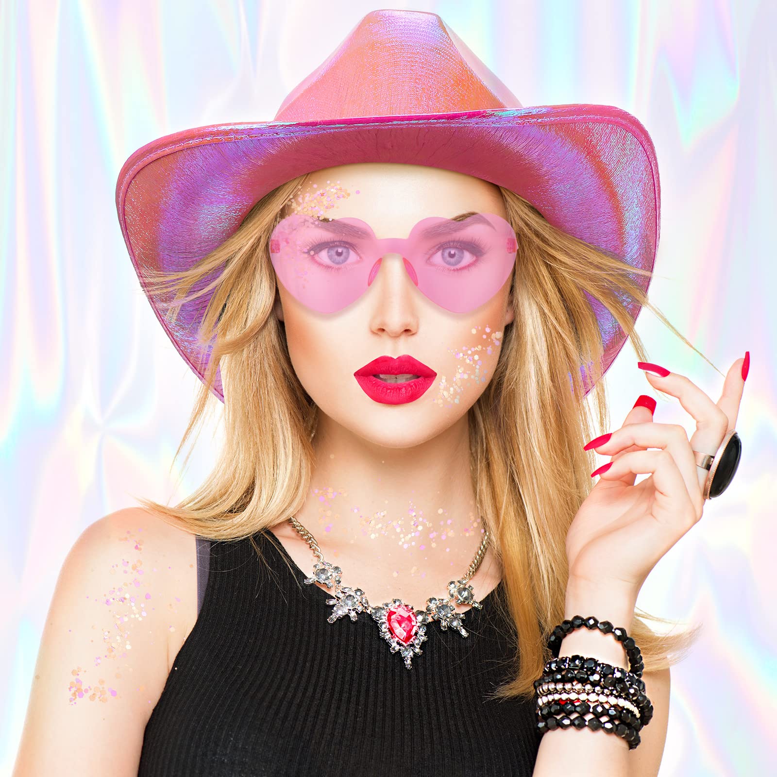 23 Stück holografischer Cowboyhut für Damen und Herren, Neon-Weltraum-Cowgirl-Hut mit Herzform, randlose Sonnenbrille, Glitzer-Konfetti