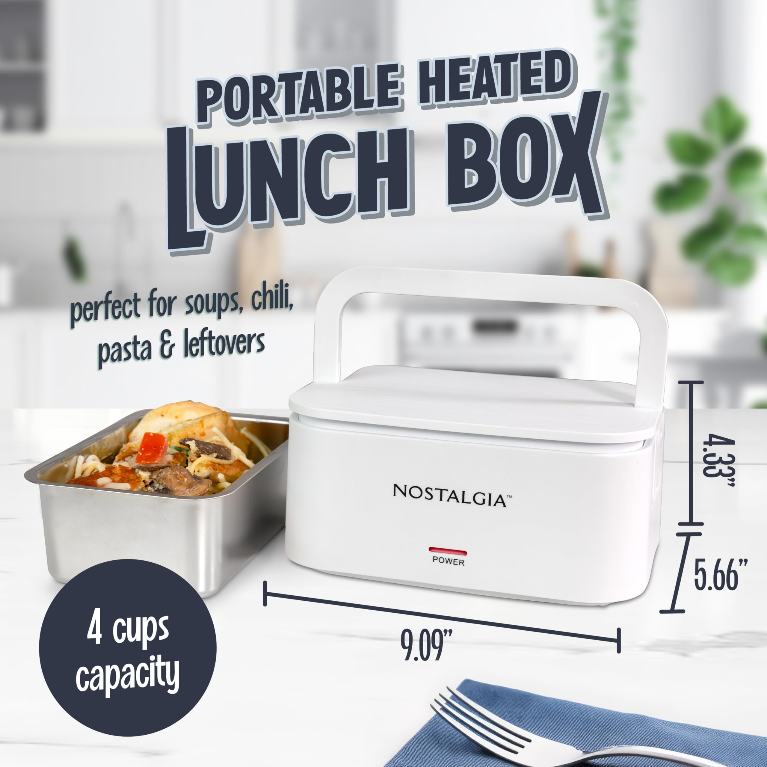 Nostalgia Lonchera portátil con calefacción, calentador de alimentos de acero inoxidable para 4 tazas, cable desmontable, tapa a prueba de fugas, asa de transporte, portátil para el trabajo y viajes