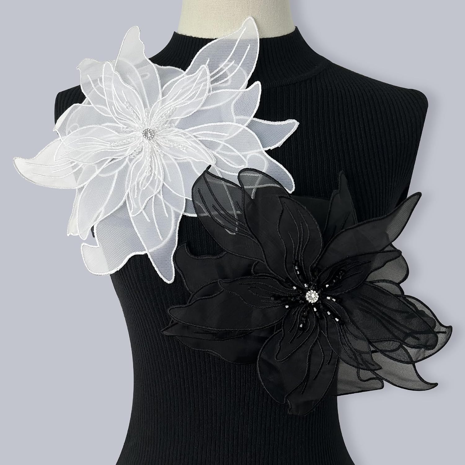 Black and White Multi-Layer Organza 3D Embroidery Decorative Patches/Bows/Lotus Flower Brooch Women's Decorative Patch with Anti Glare Collar lace (Black and White Flower Studded Corsage)