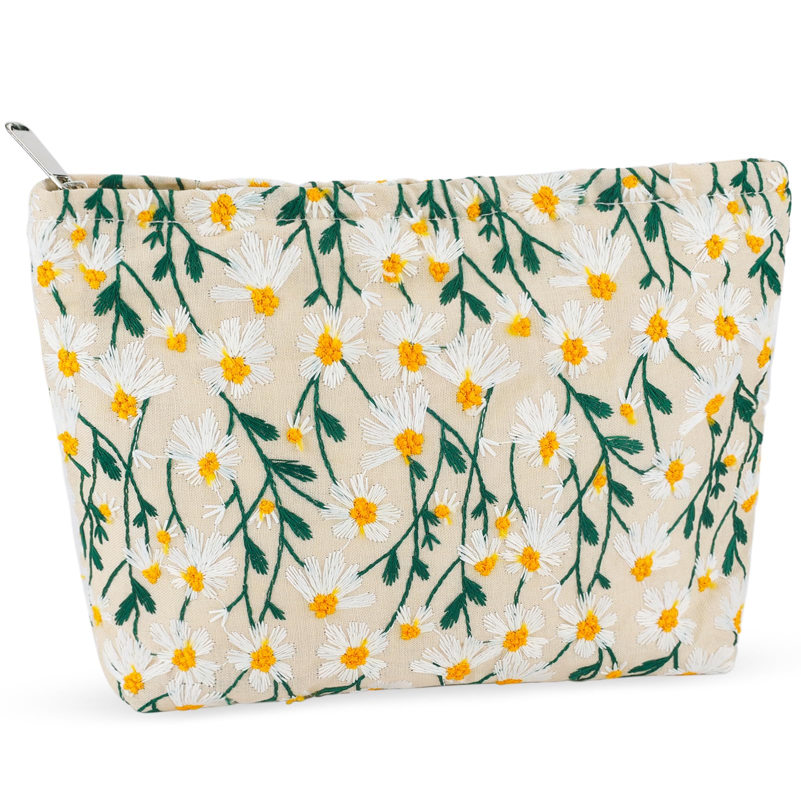 ZLFSRQ Daisy Flower Makeup Bag Travel Cute Floral Cosmetic Bag for Women Girls Small Embroidery Makeup Zipper Portable Storage Toiletry Pouch for