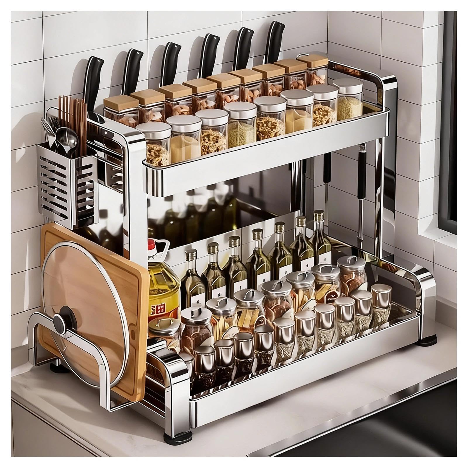 TIANQIHAO Stainless Steel Spice Rack With Hooks And Knife Holder,Metal Storage For Office And Living Room,2 Tier-11.8in