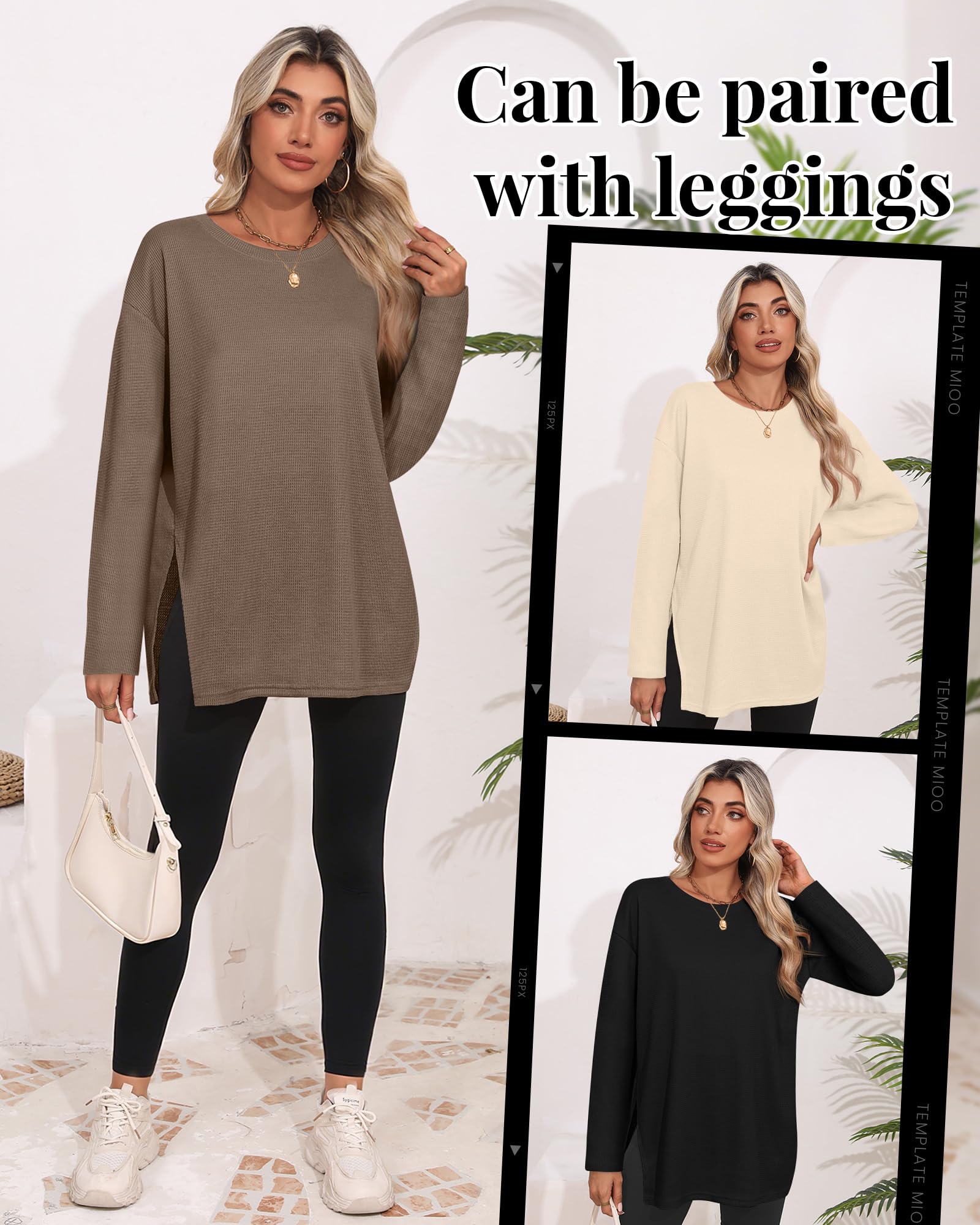 Tenare Lot de 3 Hauts Femme en Maille Waffle Manches Longues, Oversize Col Rond T-Shirts Amples Automne Hiver Basique Blouses