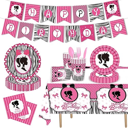 Juego de 170 piezas de suministros para fiesta de cumpleaños para niñas, sirve platos y servilletas para 24 invitados y servilletas, vasos, vajilla