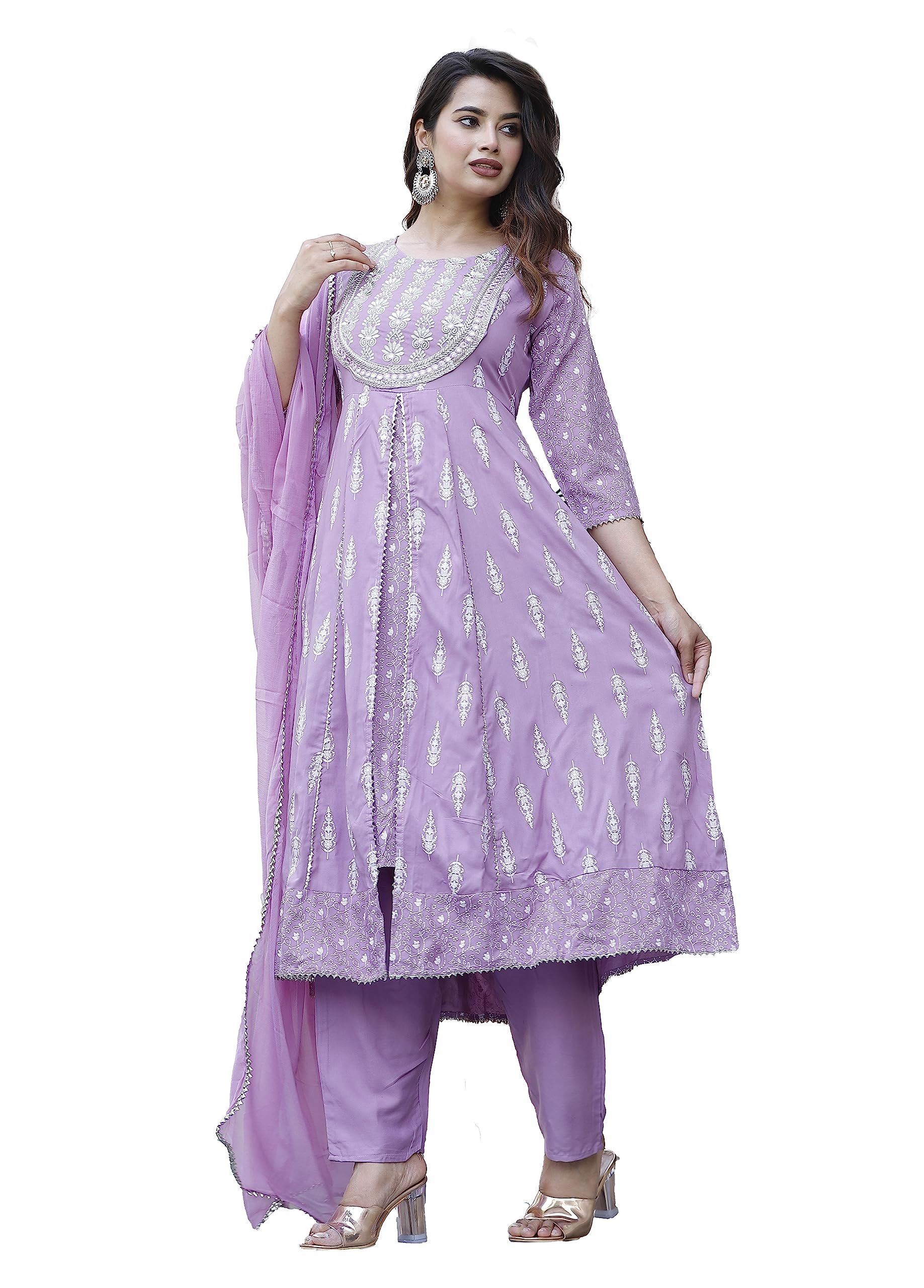 JD Finishing Rayon Printed Kurta with Pants & Dupatta Set for Women Long Middle Cut Kurtis Girls Stylish Latest New Trending Design Anarkali kurta Ankle Lenght Straight Kurta (S, Lavender) (B0CSX2ZQ6D) Amazon Price History, Amazon Price Tracker