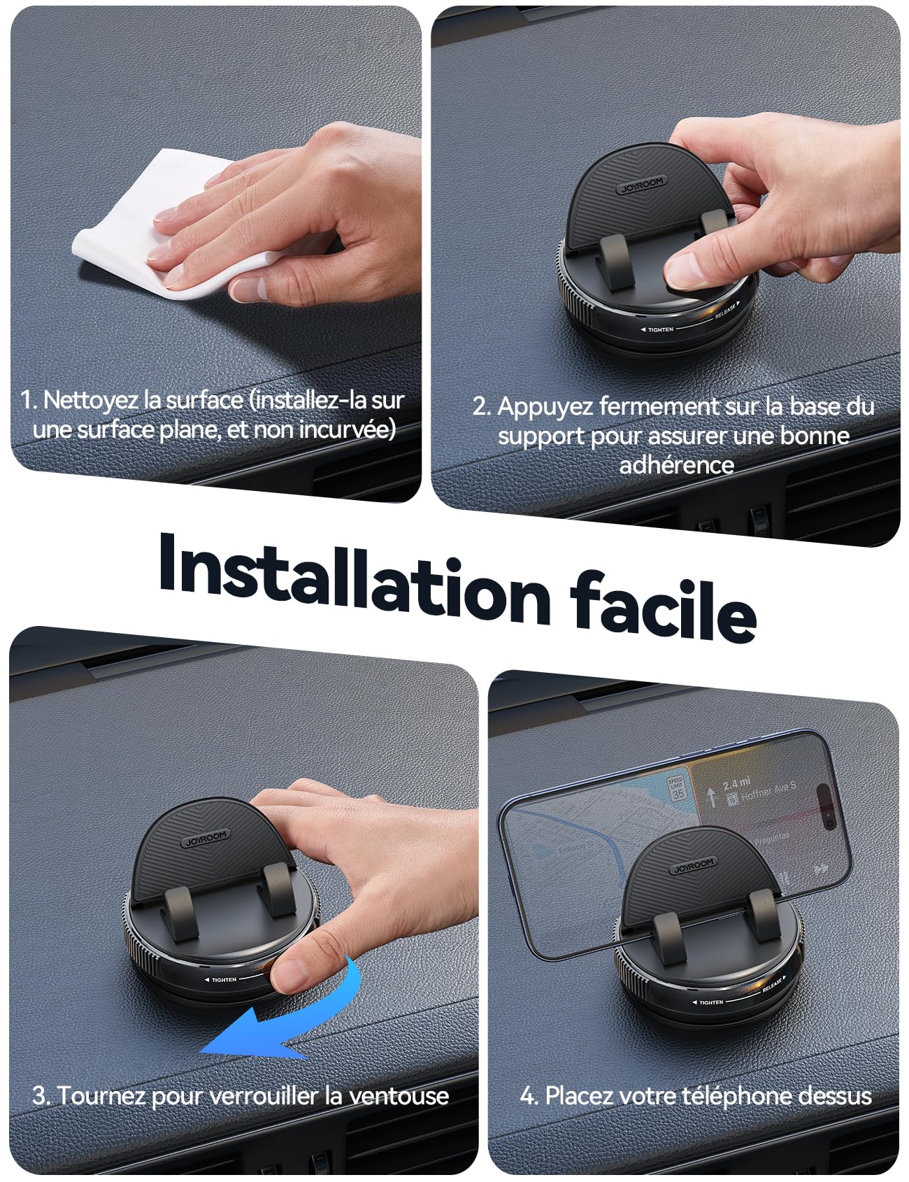JOYROOM Support Téléphone Voiture Tableau de Bord [Gel & Ventouse] Porte Telephone Voiture Compatible avec Coques jusqu'à 19 mm, Car Phone Holder pour iPhone/Samsung/Google/Android Smartphones