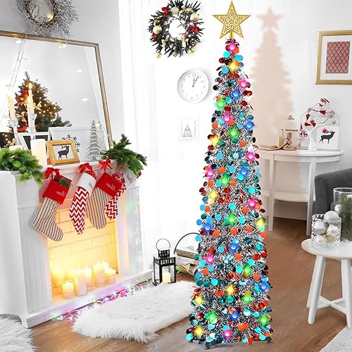 Miniatura 8 de RACPNEL Árbol de Navidad de oropel desplegable de 5 pies con luces, decoraciones, lentejuelas, árbol de Navidad plegable, artificial, decoración