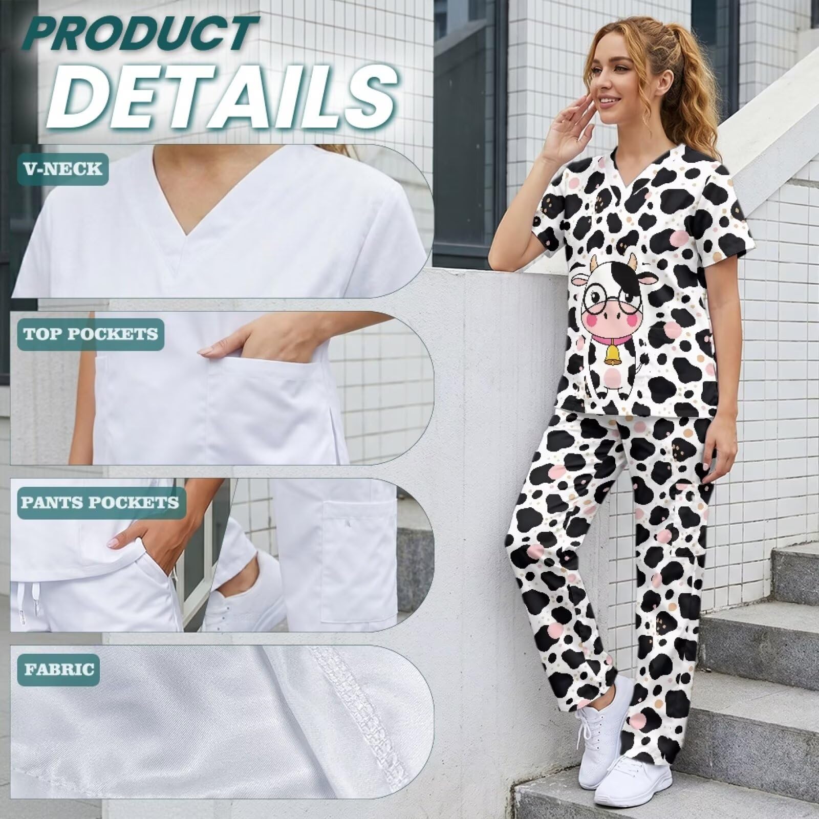Set scrub carino stampa traspirante scrub top e 6 tasche pantaloni con elastico in vita per veterinari tecnici