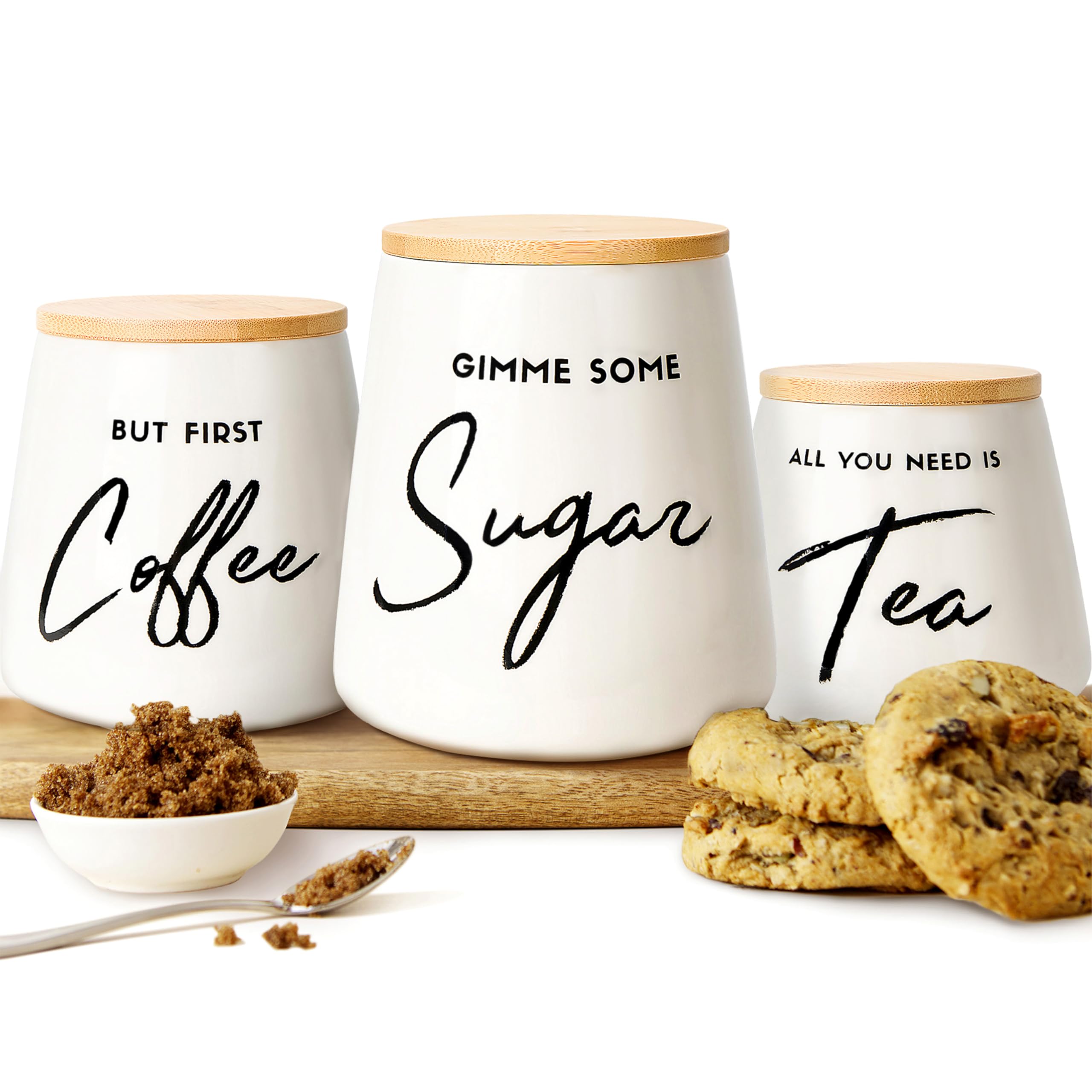 FIFTH FORK Coffee Tea and Sugar Ceramic Canister Set with Bamboo Lids - 3-Piece Airtight Kitchen Canisters for Countertop - Coffee Bar Container Set