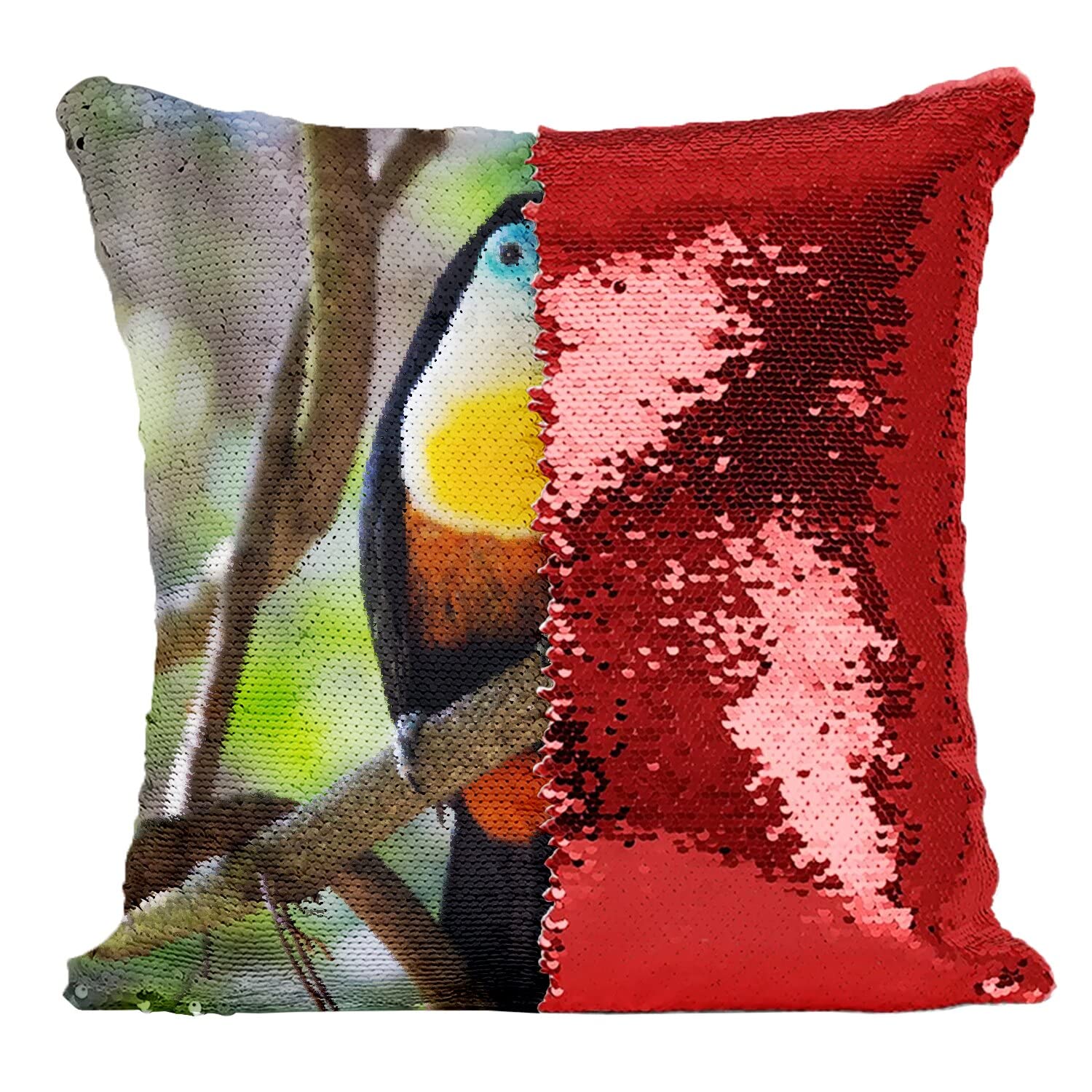 Coussin sequin toucan rouge pour illuminer la déco de votre salon jungle