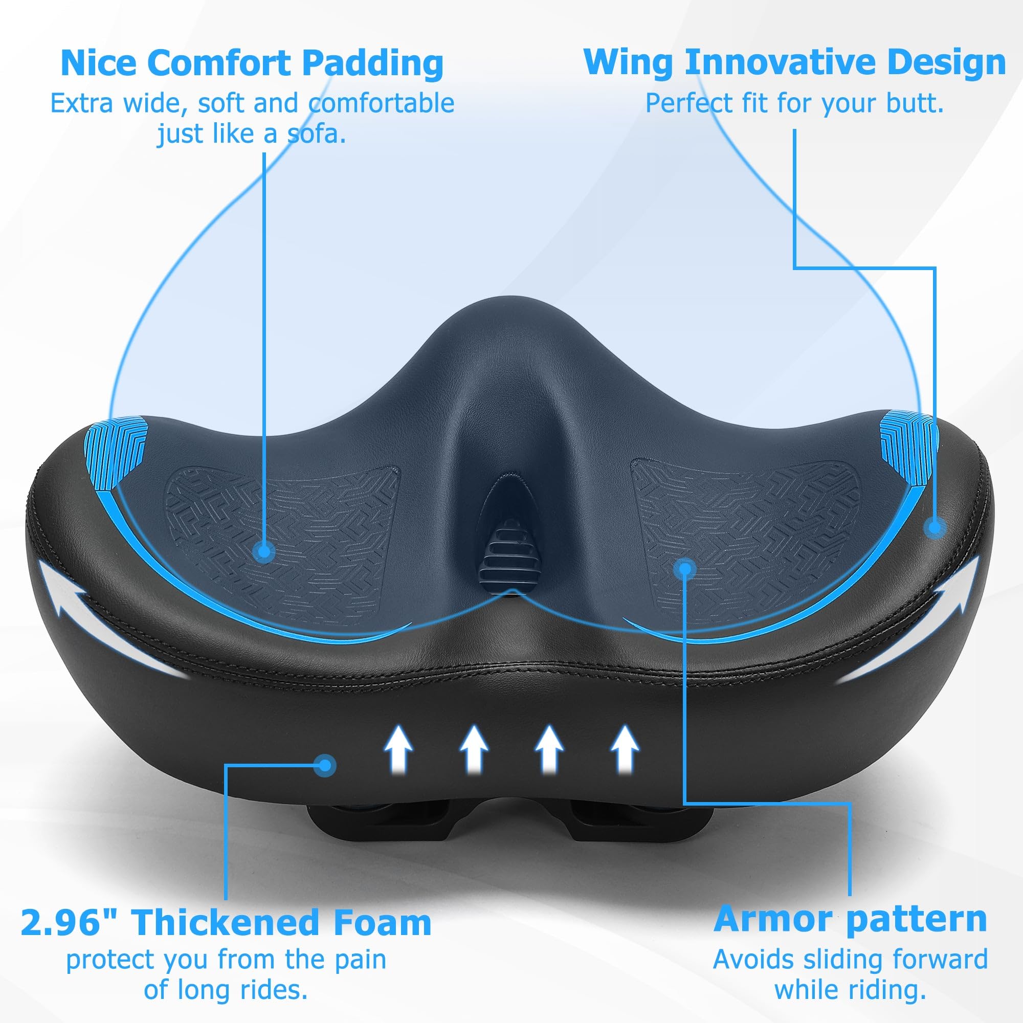 Noseless Siège de vélo surdimensionné, coussin de siège de vélo extra large pour homme et femme, grande selle de vélo pour vélo Peloton, vélo stationnaire, vélo d'appartement, vélo de ville, vélo