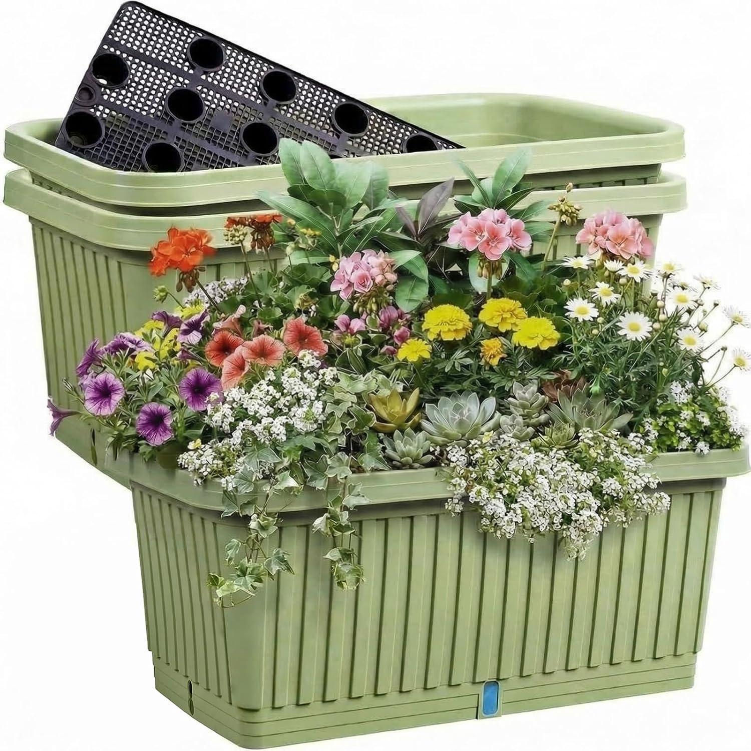 3 Pcs Large Planter Boxes Deep Rectangular Planter Boxes Outdoor Lightweight Plastic Planting Flower Pot with Drainage Holes Plant Pot for Patio, Courtyard, Lawn, Outdoor(Green,28 Inches)