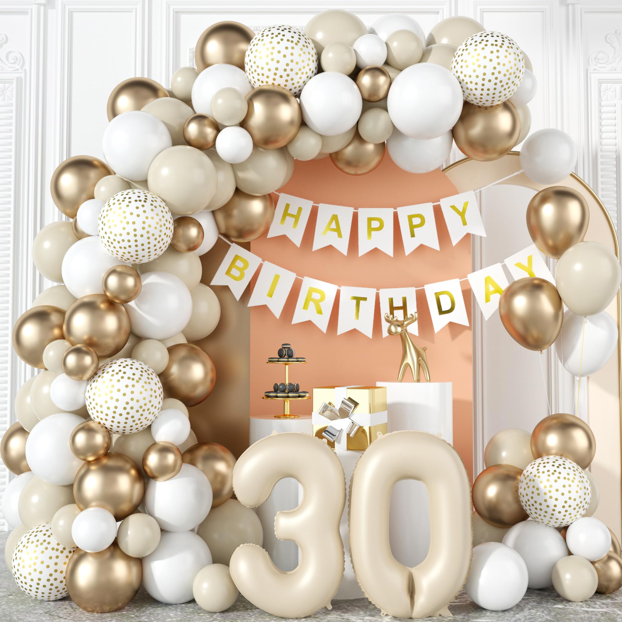 30. Geburtstag Deko Set Weiß-Gold - Ballons, Banner & Girlanden Für Boho Party Dekoration
