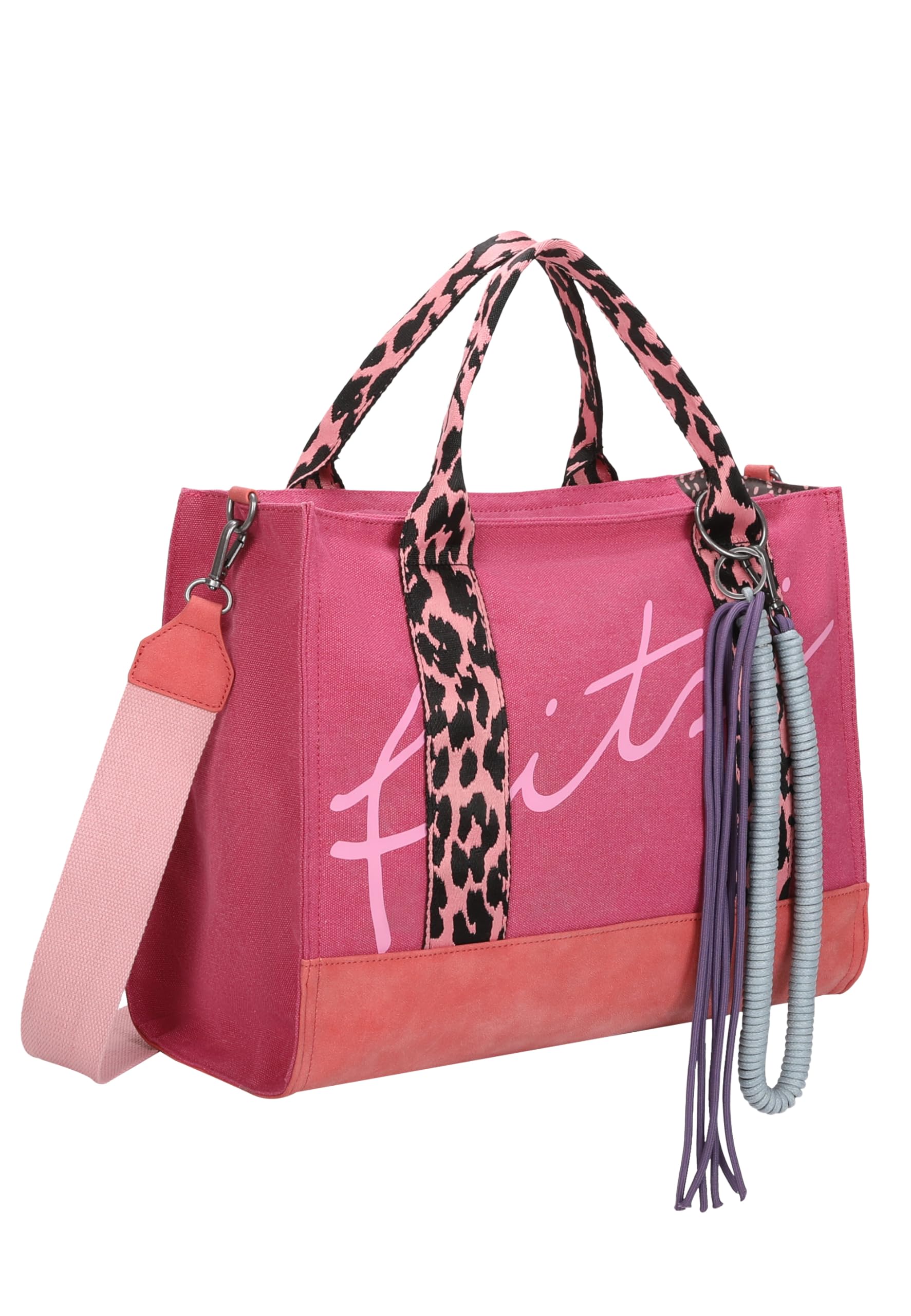 Fritzi Tote Bag Limited Summer Leo & Zebra Canvas Baumwollmix Damen Handtasche Shopper City Beach vegan abnehmbares Schulterband 14 x 39 x 29 cm, Sand - Pink - Türkis