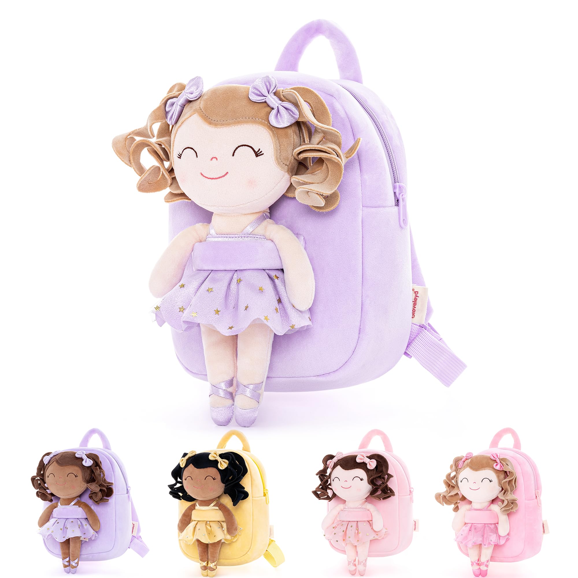 Gloveleya Toddler Backpack Baby Ballerina Girl Gifts Plush Curly Hair Ballet Backpack - White Purple 9 inches