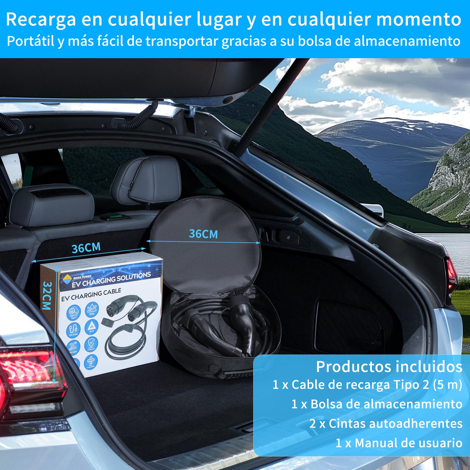 Cable de carga para coche eléctrico tipo 2: cable de carga para vehículos eléctricos 7 kW 32 A monofásico, compatible con todos los modelos Tipo 2/CCS2, EV/PHEV, IEC 62196-2, 5 m, bolsa