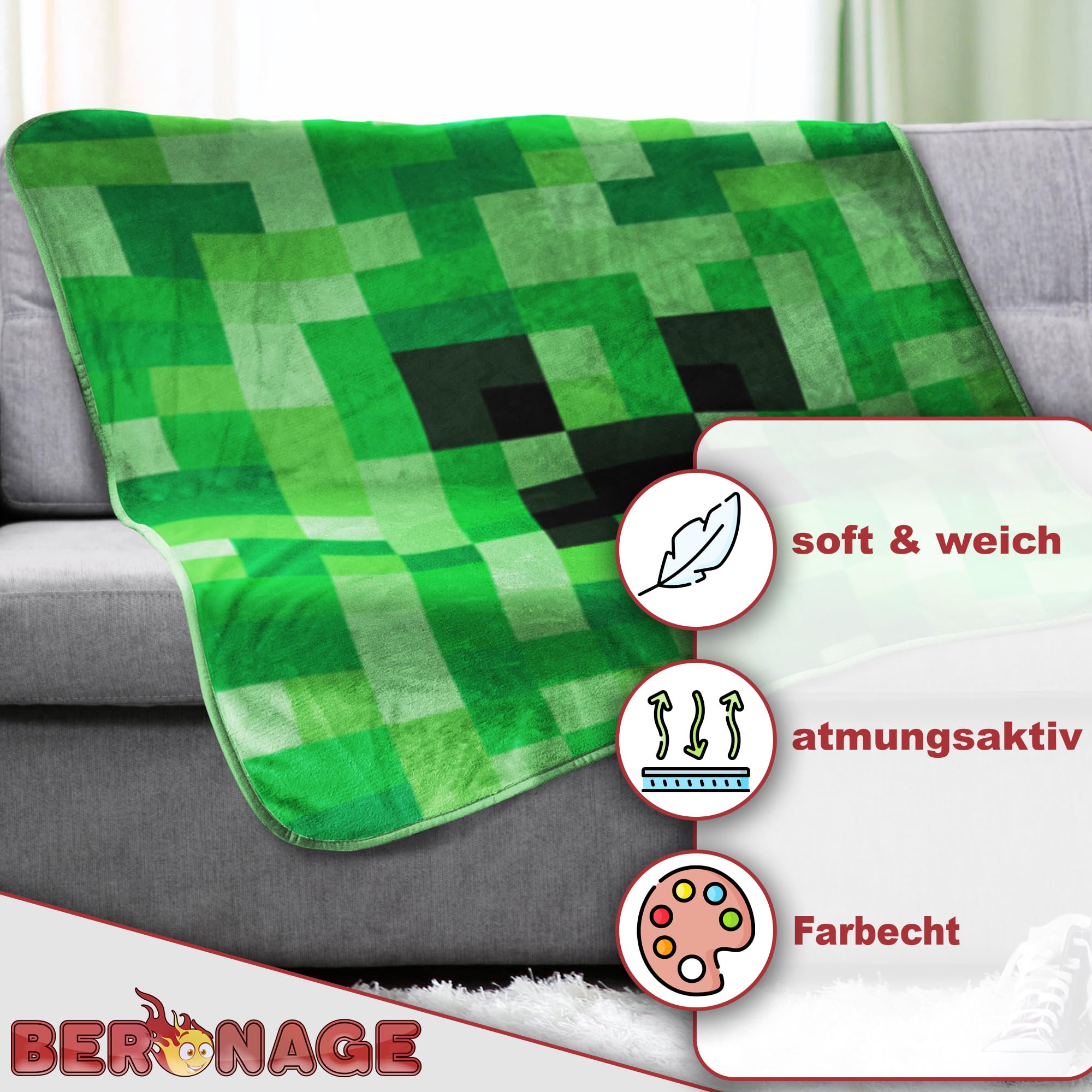 BERONAGE Minecraft Creeper - Manta para el hogar, 150 x 200 cm, 100 % poliéster, mullida, de franela de forro polar, para niños, adultos, gamer, regalo, artículo con licencia
