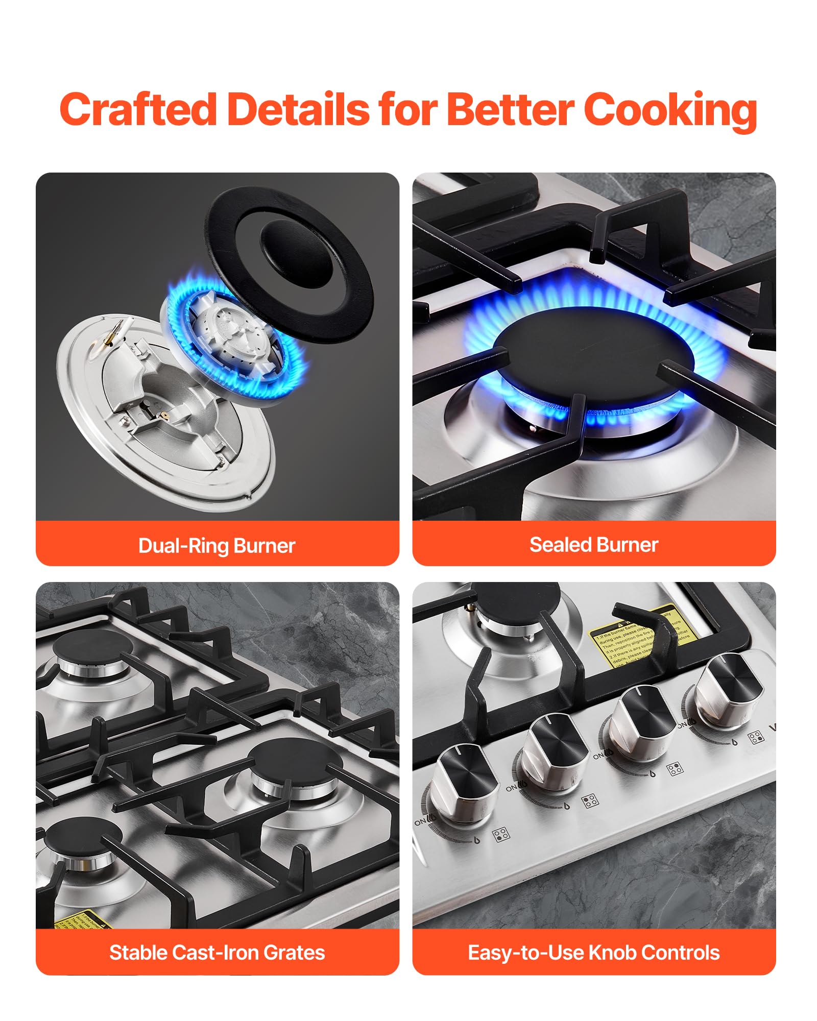 VEVOR 24 inch Gas Cooktop 4 Burners Gas Stove Top, Max 27000BTU Built-in Stainless Steel Stove Top LPG/NG Convertible Dual Fuel Cooktop Stoves with Thermocouple Protection for Kitchen Apartment Rvs 24 inch 4 Burners - 5